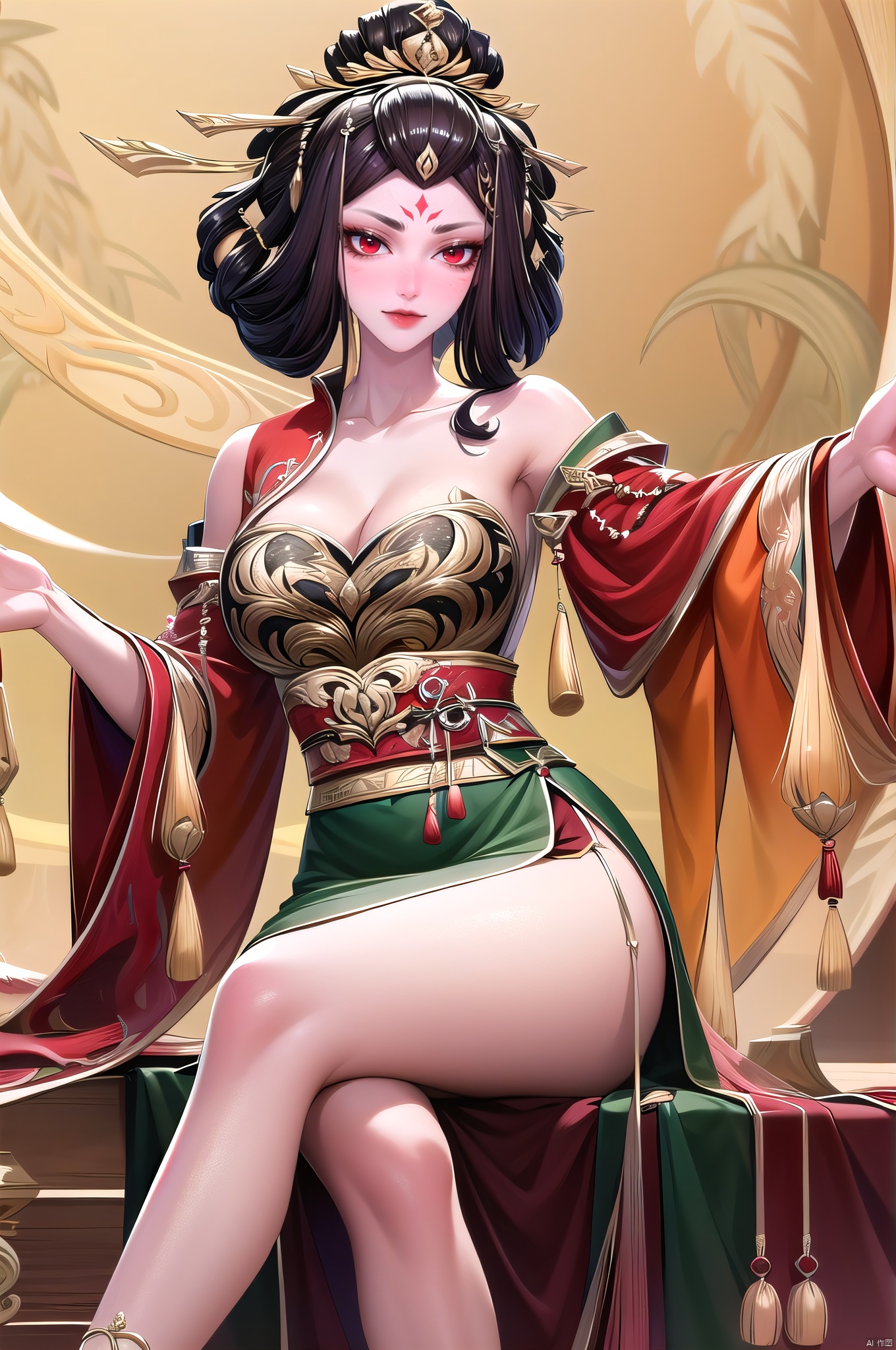 Yanmo, 1girl, crossed legs, sitting, red eyes, black hair, bare legs, solo, barefoot, hair ornament,looking at viewer, anklet, outstretched hand, forehead mark, chinese clothes, wide sleeves,cleavage, makeup, collarbone,nice hands, cowboy_shot