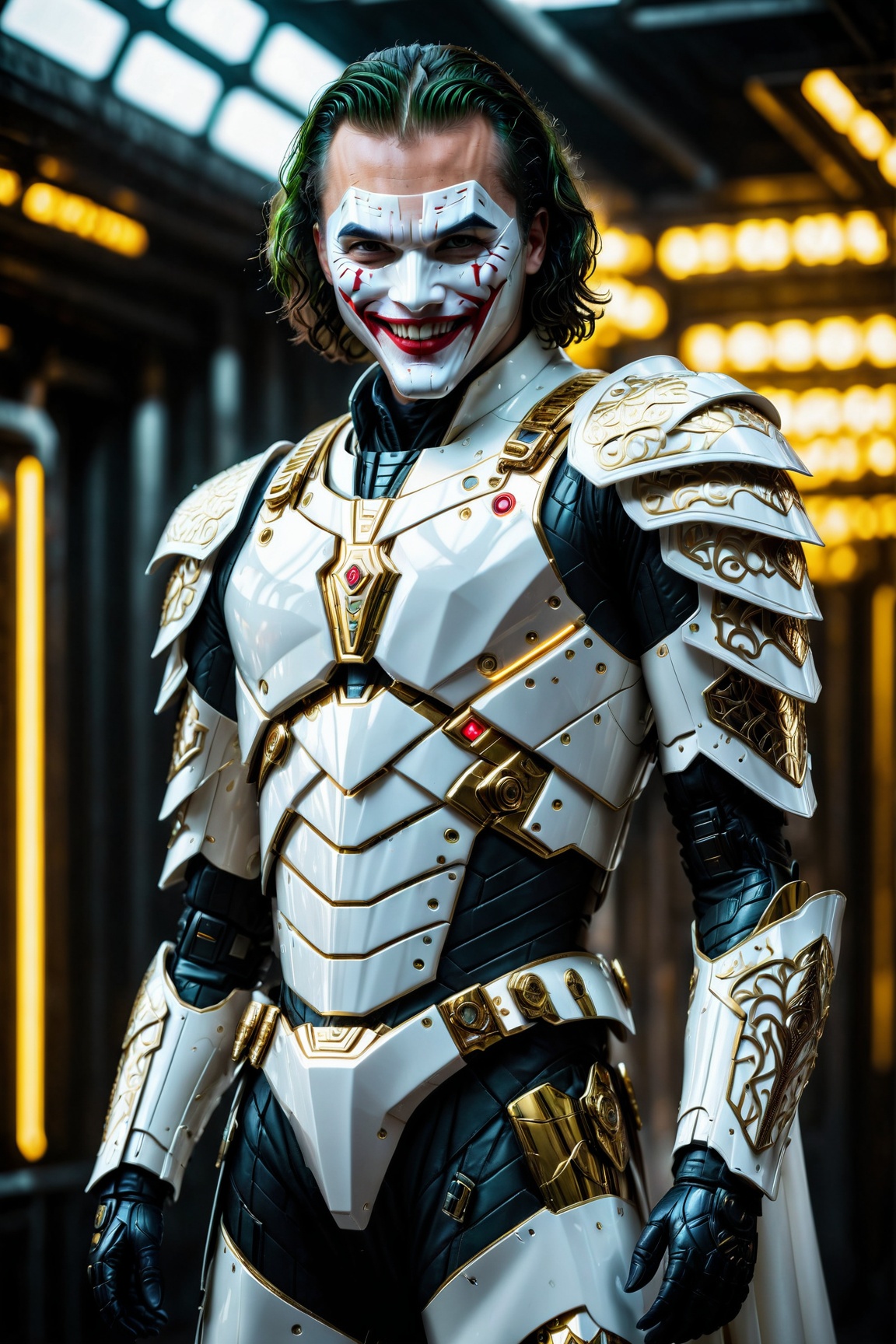 surreal photography of A Hi-Tech Cyberpunk joker wearing futuristic white armor,  evil smile,  cape on Tensor.Art