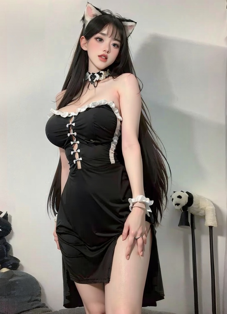 (masterpiece, best quality:1.4),finely detailed,1girl,solo,pale skin,perfect body,(gigantic breasts:1.3),standing,<lora:性感猫耳女仆制服连衣裙5-000008:0.8>,animal ears,dress,(cowboy_shot),black dress,(front view),cat ears,