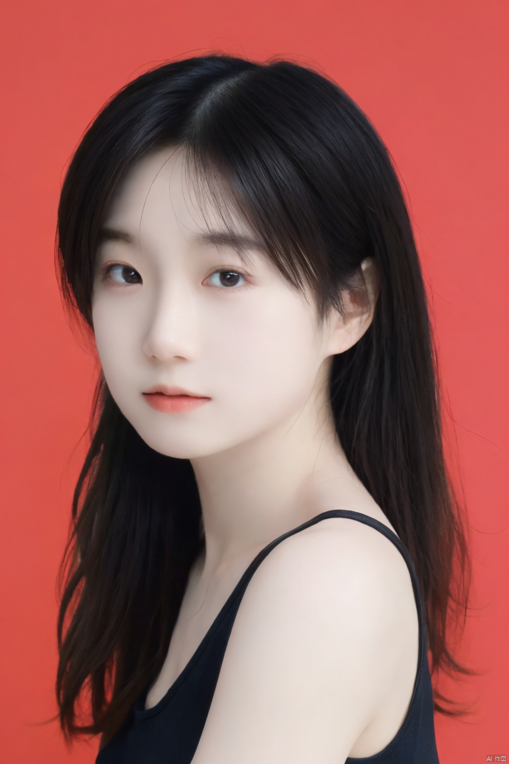  masterpiece, best quality, high_res, (Realistic:1.5), 1girl,wavy hair, zhen,tight black camisole ,red background, 111