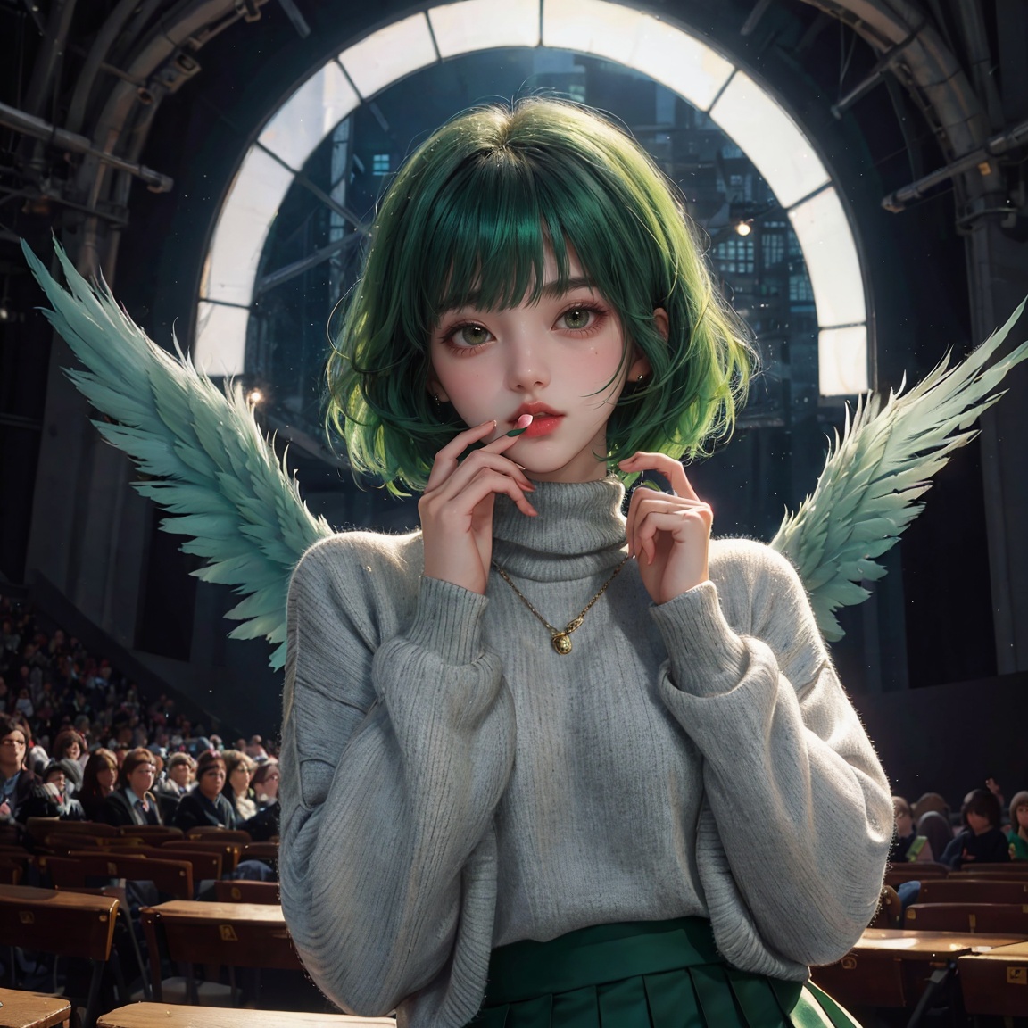 1 girl + looking at the audience + detailed face+short hair,green hair,bangs,hand to mouth,feathered wings,shiny_pantyhose,pleated_skirt,turtleneck_sweater,crescent,winter,, masterpiece, best quality