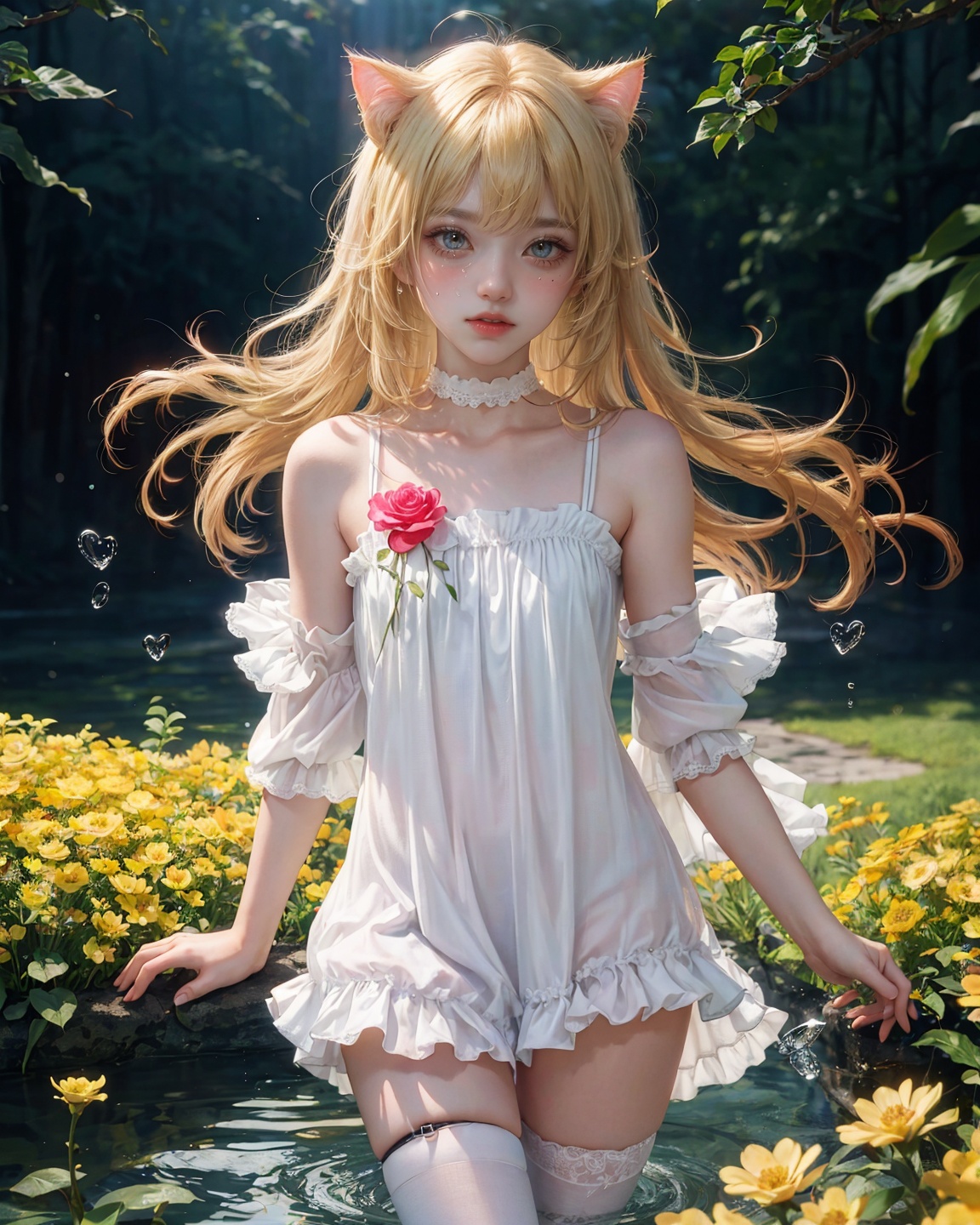 (Well dressed:1.3)+There are many scattered luminous petals,Hidden in the light yellow flowers,Many flying drops of water,lens impact,upper body,portrait,nature,masterpiece,highres,extremely detailed CG unity 8k wallpaper,ahoge,blunt_bangs,cat_ears,blonde_hair/yellow_eyes,crying,presenting panties,tail between legs,white_thighhighs,blush,heart-shaped pupils,nightgown,miniskirt,barefoot,no shoes,thigh strap,hairclip,tail insertion,, masterpiece, best quality