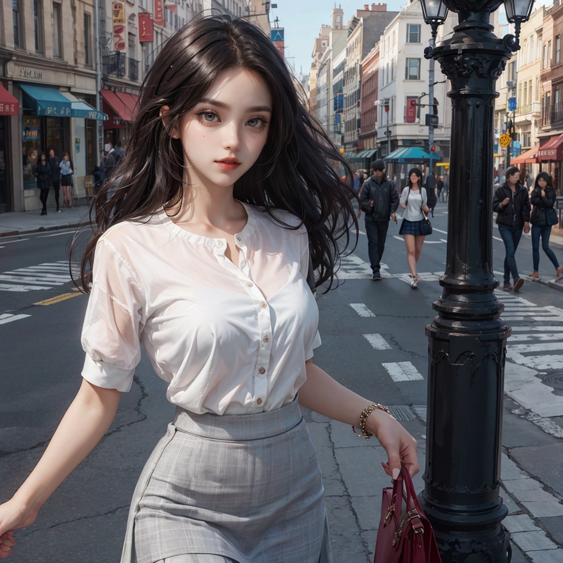 Face close-up + upper body + stunning + perfect features +1 girl +fitted skirt,spring,lamppost,, masterpiece, best quality
