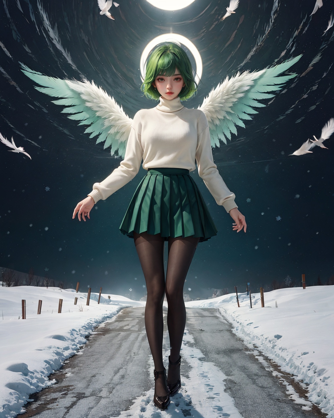 1 girl + looking at the audience + detailed face+short hair,green hair,bangs,feathered wings,shiny_pantyhose,pleated_skirt,turtleneck_sweater,crescent,winter,full body, masterpiece, best quality