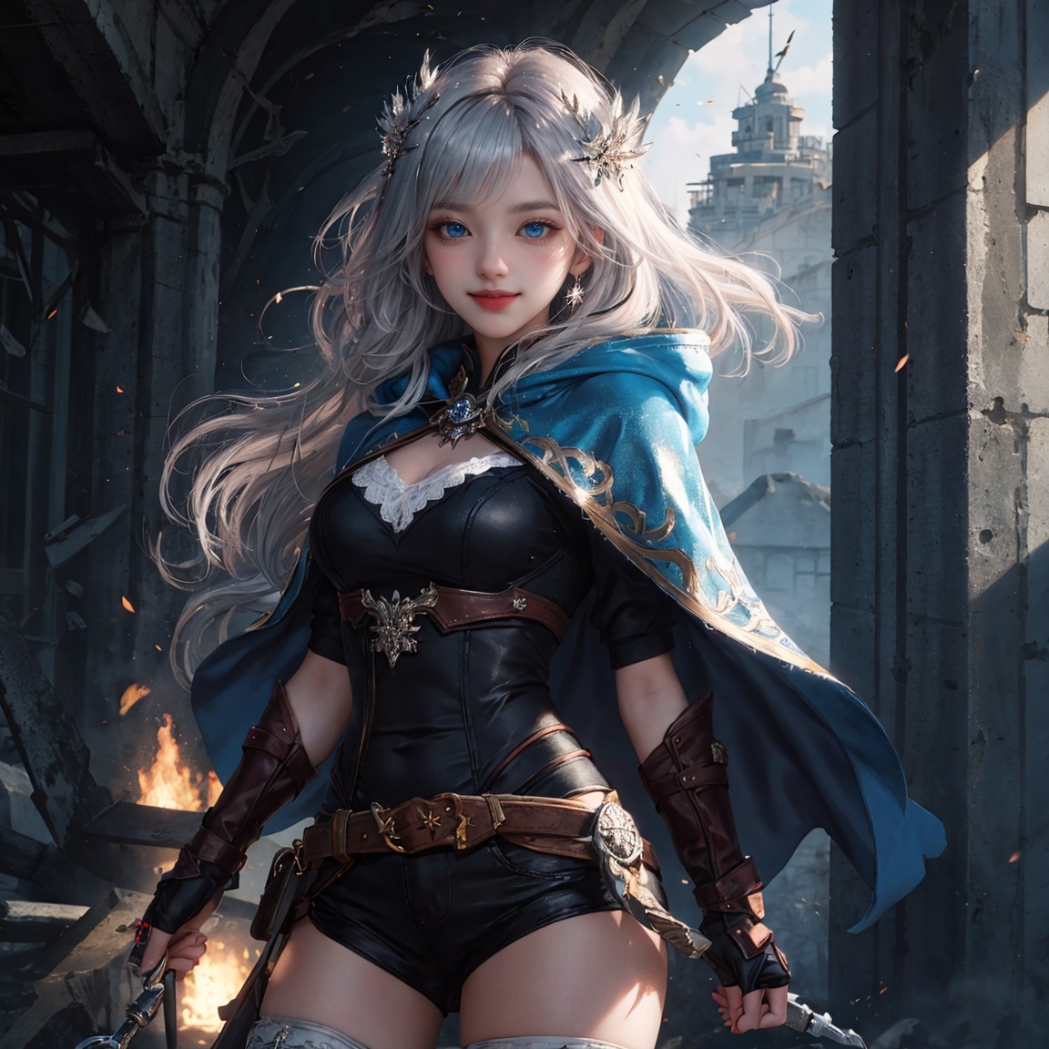 masterpiece,illustration,best quality,extremely detailed CG unity 8k wallpaper,(ruins:0.8),epaulete,1girl,ojousama,solo,very long hair,medium breasts,warscape,cowboy shot,light smile,silver hair,blue eyes,hood,long capelet,wind,beautiful detailed eyes,tsurime,looking at viewer,ray tracing,light blush,, masterpiece, best quality
