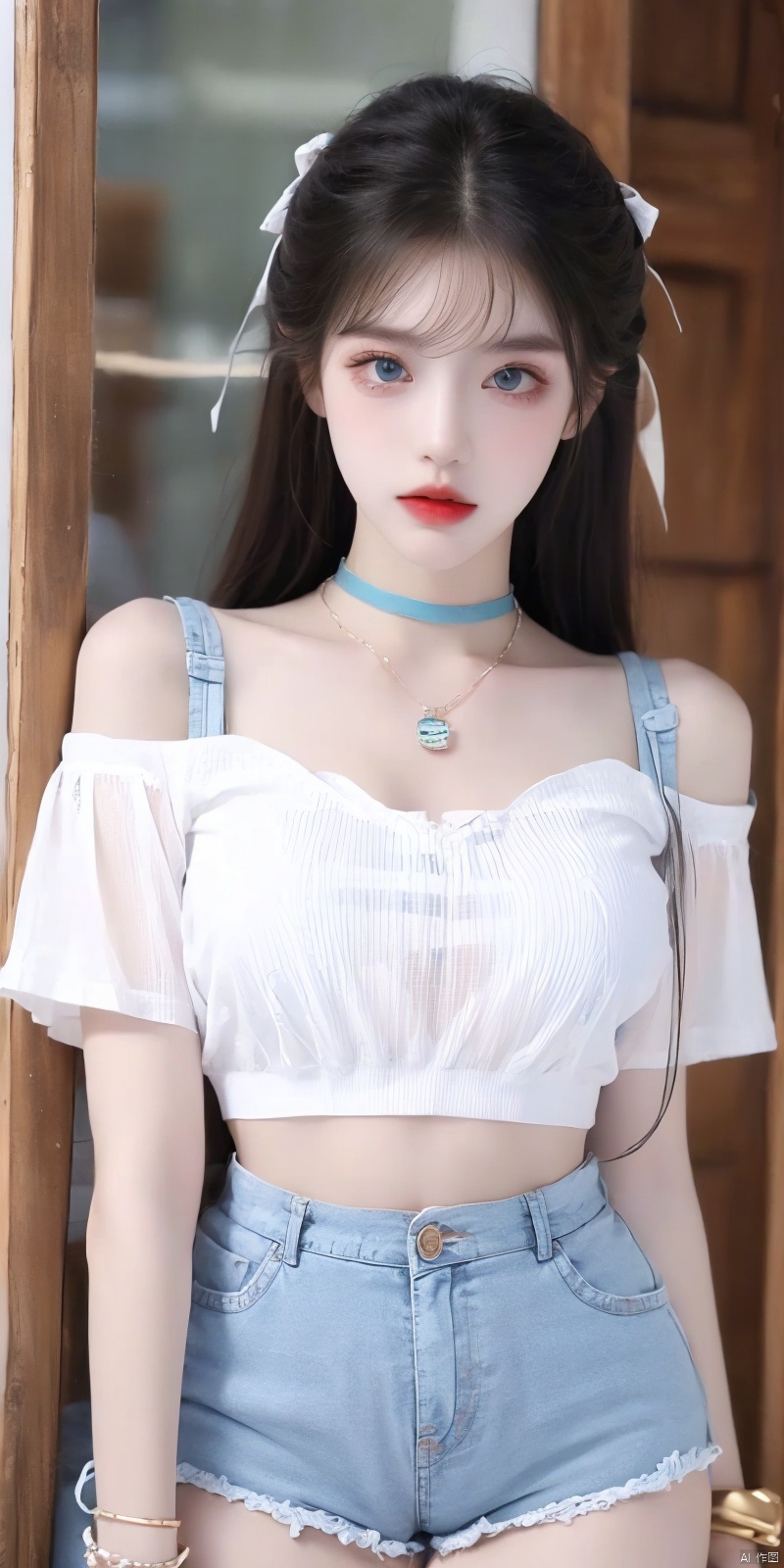  nai3, 1girl, shorts, solo, crop top, black shorts, choker, blue eyes, black hair, navel, shirt, midriff, crop top overhang, looking at viewer, white shirt, jewelry, breasts, cowboy shot, bare shoulders, short shorts, off-shoulder shirt, off shoulder, black choker, thighs, stomach, hand on own thigh, long hair, bracelet, short sleeves, ribbon, hand up, collarbone, hair ribbon, medium breasts, standing, high-waist shorts, dolphin shorts, bra strap, closed mouth, hair ornament, thigh gap, bangs, necklace, expressionless, wangyushan,Looking from behind, liuguang