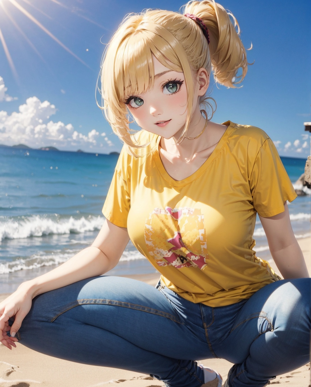Cute girl wearing a t shirt and jeans,  beach ,  sunlight on Tensor.Art