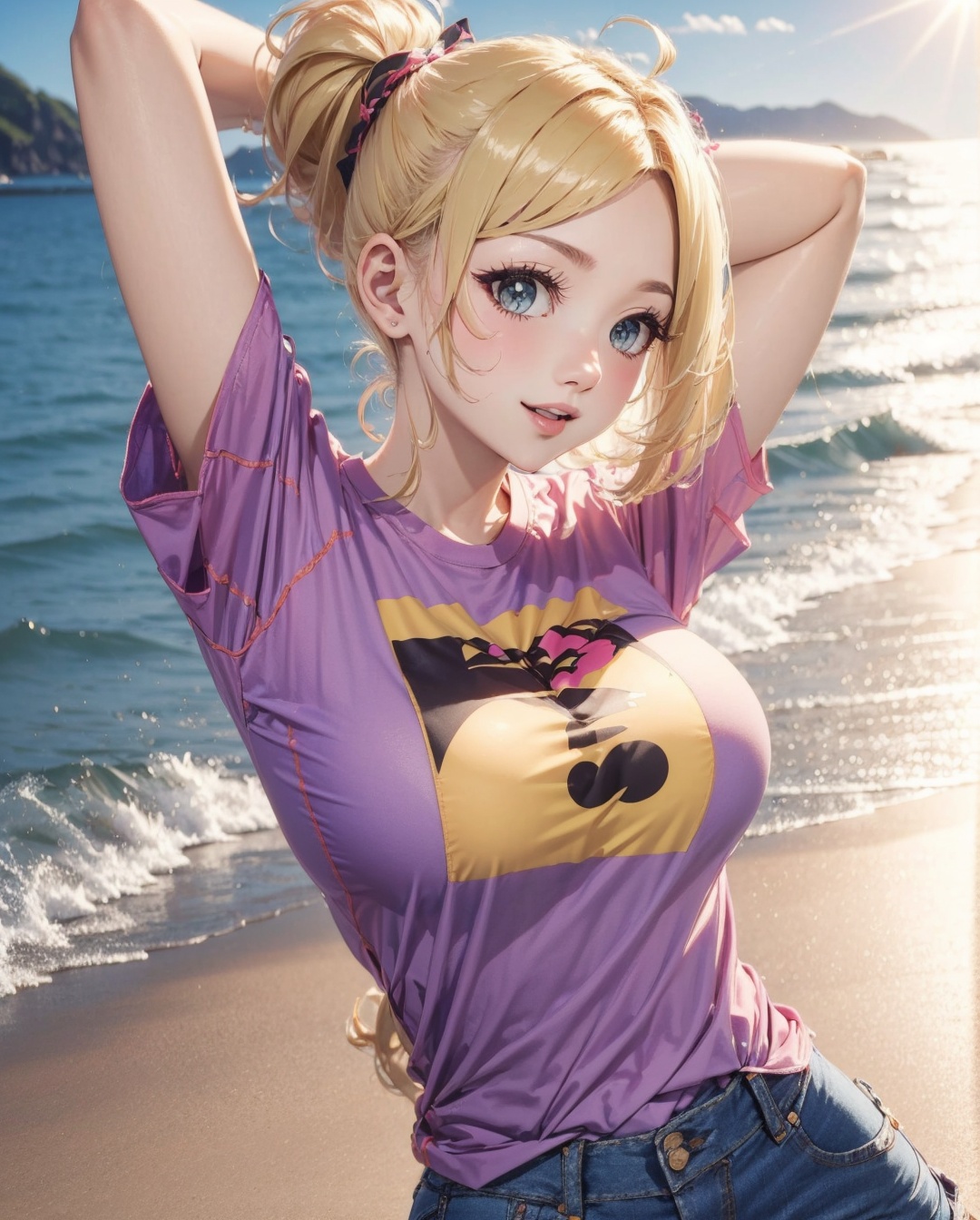 Cute girl wearing a t shirt and jeans,  beach ,  sunlight on Tensor.Art