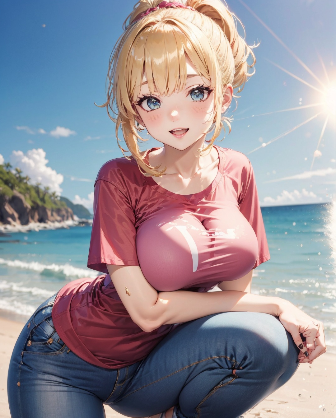 Cute girl wearing a t shirt and jeans,  beach ,  sunlight on Tensor.Art