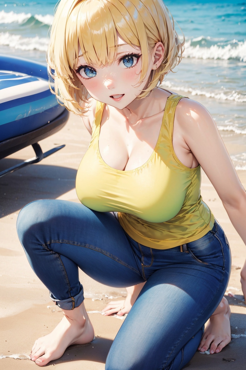 Cute girl wearing a t shirt and jeans,  beach ,  sunlight on Tensor.Art