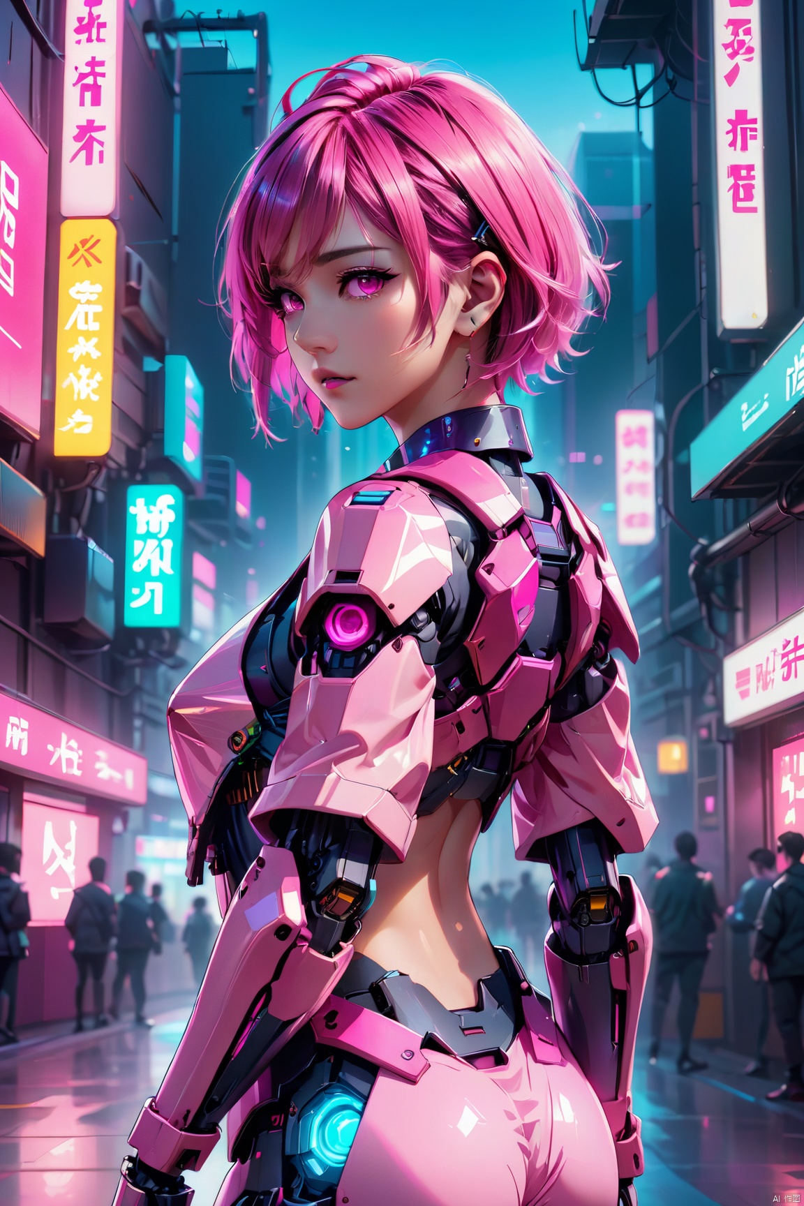 anime artwork of a girl\(cyberpunk,  mecha\),  full body,  Pink parted short hair,  pink eyes,  imperious,  cyberpunk,  dramatic,  key visual,  vibrant,  highly detailed,  holographic, shot from back,<lora:EMS-59656-EMS:0.300000>,<lora:EMS-46488-EMS:0.300000>,<lora:EMS-23104-EMS:0.300000>