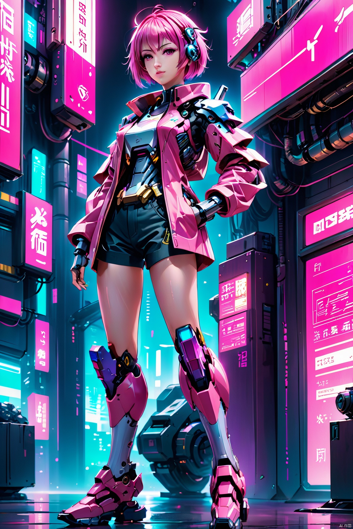 anime artwork of a girl\(cyberpunk,  mecha\),  full body,  Pink parted short hair,  pink eyes,  imperious,  cyberpunk,  dramatic,  key visual,  vibrant,  highly detailed,  holographi,<lora:EMS-59656-EMS:0.300000>,<lora:EMS-46488-EMS:0.300000>,<lora:EMS-23104-EMS:0.300000>