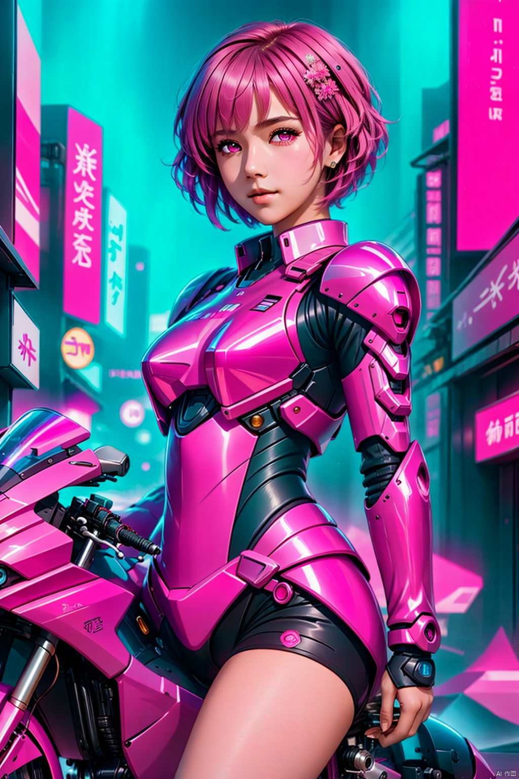  1girl, solo, looking at viewer, short hair,（ Pink eyes：1.8）, full body, pink hair, armor, lips, bodysuit, science fiction, hologram, HD,32k,,Ride a motorcycle