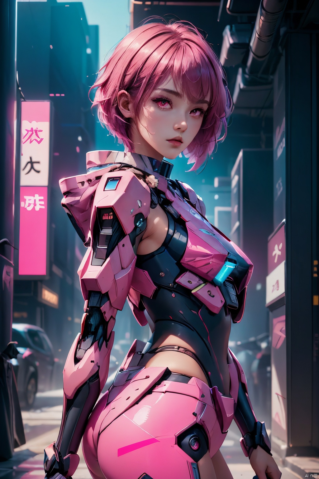  cuda, a 20 yo woman\(mecha\), Pink parted short hair, pink eyes, imperious, (hi-top fade:1.3), dark theme, soothing tones, muted colors, high contrast, (natural skin texture, hyperrealism, soft light, sharp)