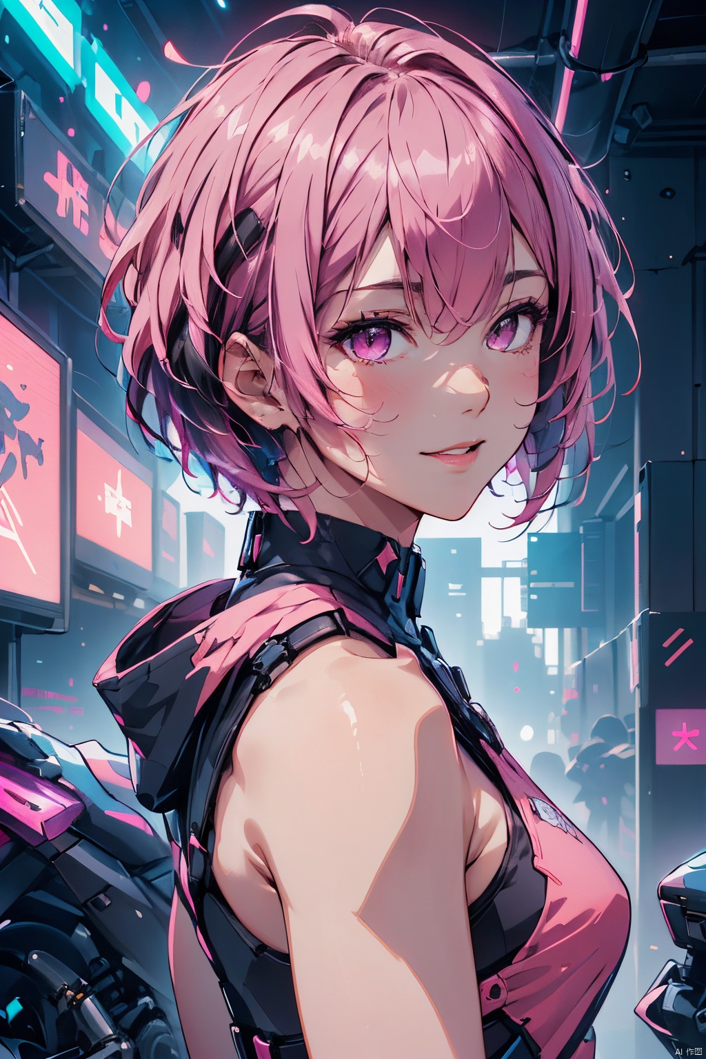  a 20 yo woman, Pink parted short hair, pink eyes, imperious, (hi-top fade:1.3), dark theme, soothing tones, muted colors, high contrast, (natural skin texture, hyperrealism, soft light, sharp),light smile,