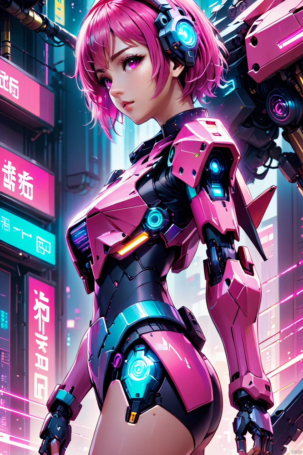 anime artwork of a girl\(cyberpunk,  mecha\),  full body,  Pink parted short hair,  pink eyes,  imperious,  cyberpunk,  dramatic,  key visual,  vibrant,  highly detailed,  holographic, shot from  blow,<lora:EMS-59656-EMS:0.300000>,<lora:EMS-46488-EMS:0.300000>,<lora:EMS-23104-EMS:0.300000>