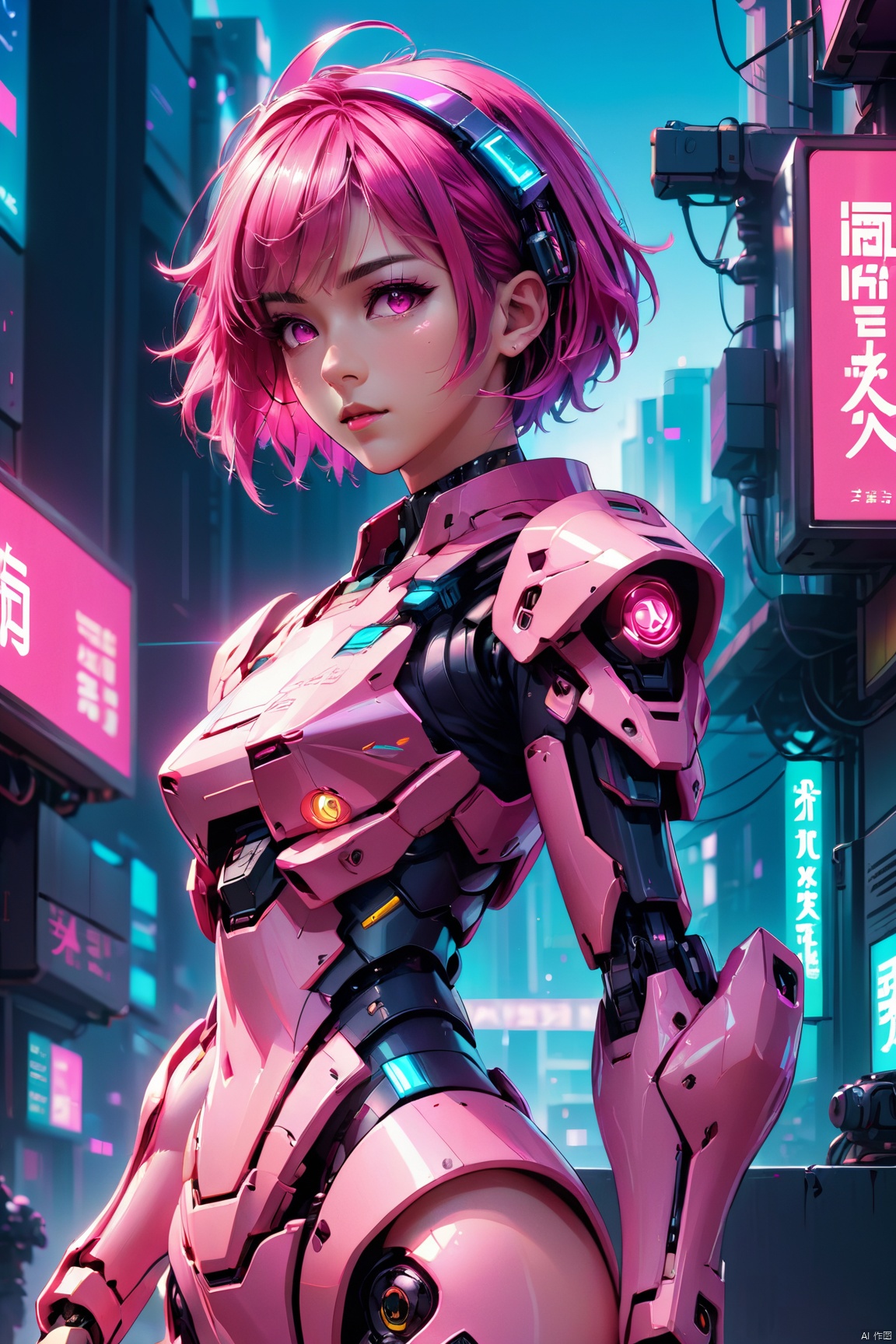anime artwork of a girl\(cyberpunk,  mecha\),  full body,  Pink parted short hair,  pink eyes,  imperious,  cyberpunk,  dramatic,  key visual,  vibrant,  highly detailed,  holographic,<lora:EMS-59656-EMS:0.300000>,<lora:EMS-46488-EMS:0.300000>,<lora:EMS-23104-EMS:0.300000>