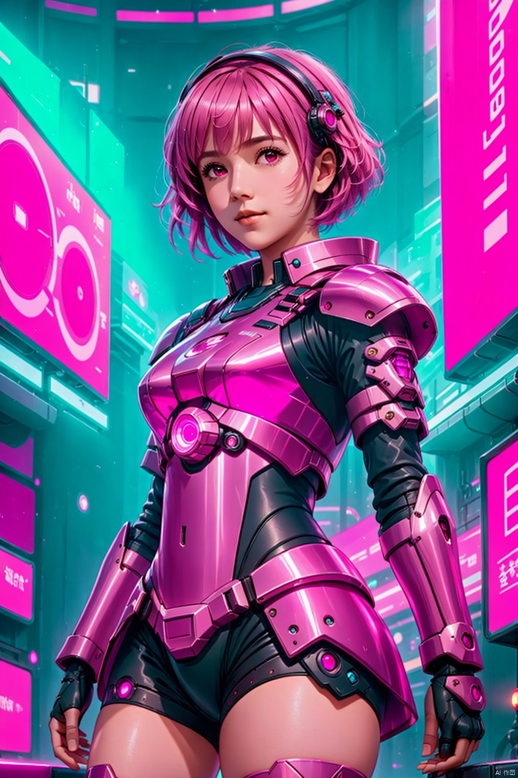  1 girl, solo, in the audience, short hair, full body,（ pink hair）, armor, tights, science fiction, glowing ring behind giant clock shape, HD,32k,,