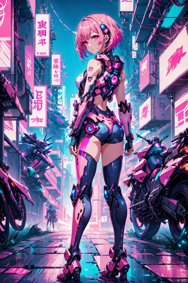  anime artwork of a girl\(cyberpunk, mecha\), full body, Pink parted short hair, pink eyes, imperious, cyberpunk, dramatic, key visual, vibrant, highly detailed, holographic, shot from back,,,
