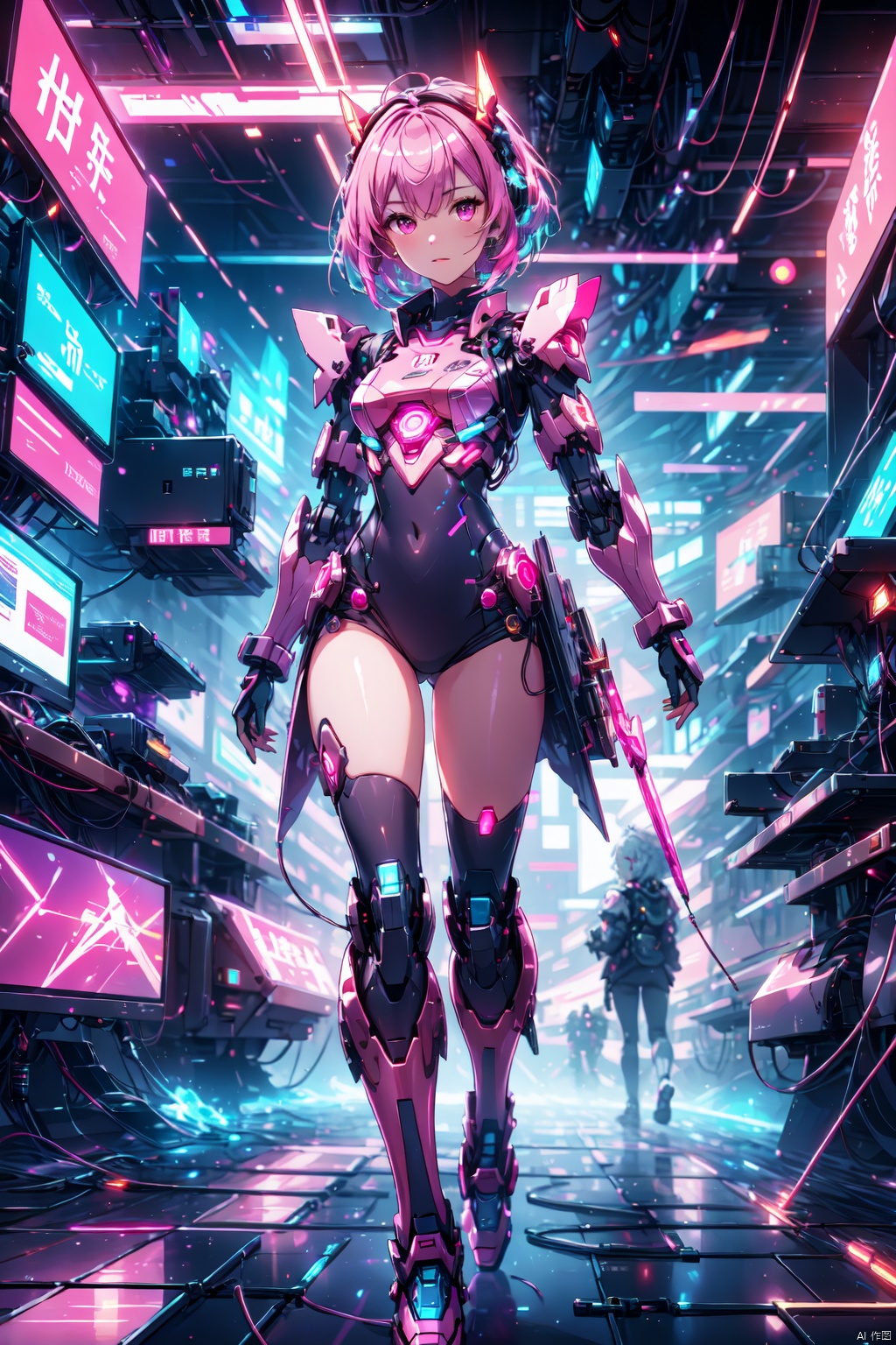  sdmai, fengwu, Lab, Robot girl,silver haired, walking, led, dark, full body, Mech Girl,Short Hair, Pink Hair, chrome plated, metal manual, (copper wire :1.2), transistor, optical disc, digital display, background is a complex crystal and circuit board composed of luminous body,Flowing light, contour light, glowing flowers, wind
 , Detail