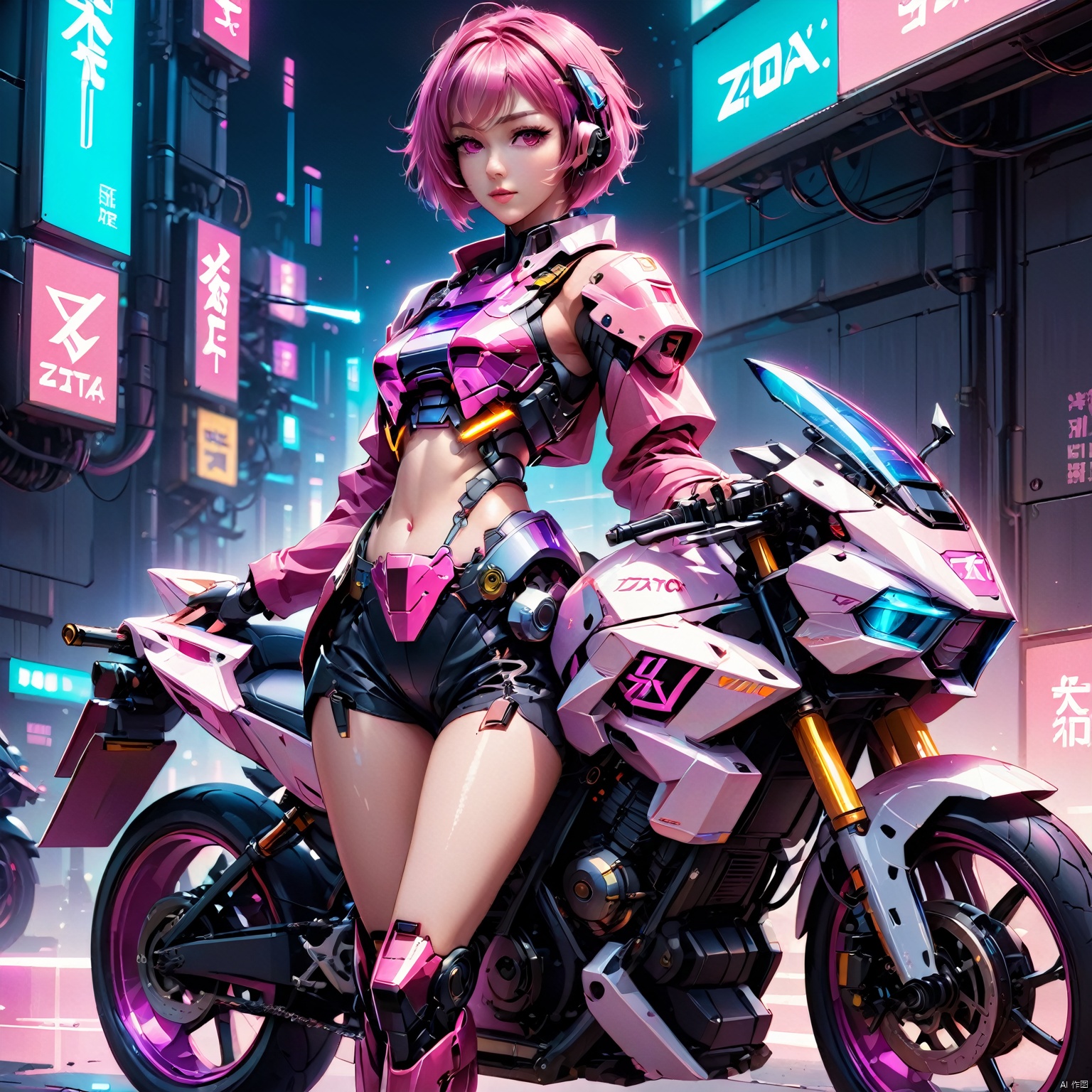 anime artwork of a girl\(cyberpunk,  mecha\) with motorcycle\(ZOTAC Futuristic Motorcycle\),  full body,  Pink parted short hair,  pink eyes,  imperious,  cyberpunk,  dramatic,  key visual,  vibrant,  highly detailed,  holographic, look back,<lora:EMS-59656-EMS:0.300000>,<lora:EMS-46488-EMS:0.400000>,<lora:EMS-23104-EMS:0.400000>