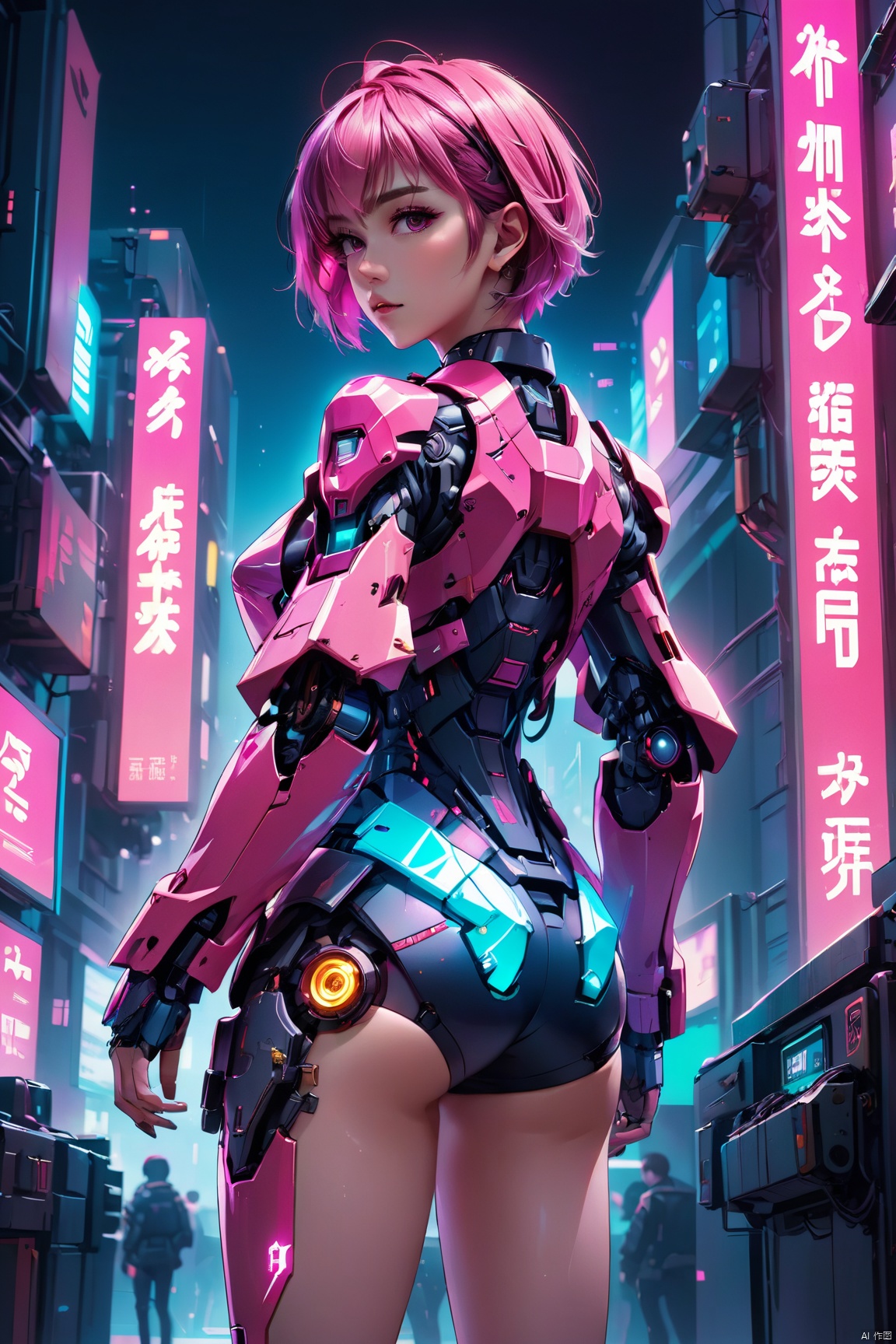 anime artwork of a girl\(cyberpunk,  mecha\),  full body,  Pink parted short hair,  pink eyes,  imperious,  cyberpunk,  dramatic,  key visual,  vibrant,  highly detailed,  holographic, shot from back,<lora:EMS-59656-EMS:0.300000>,<lora:EMS-46488-EMS:0.300000>,<lora:EMS-23104-EMS:0.300000>