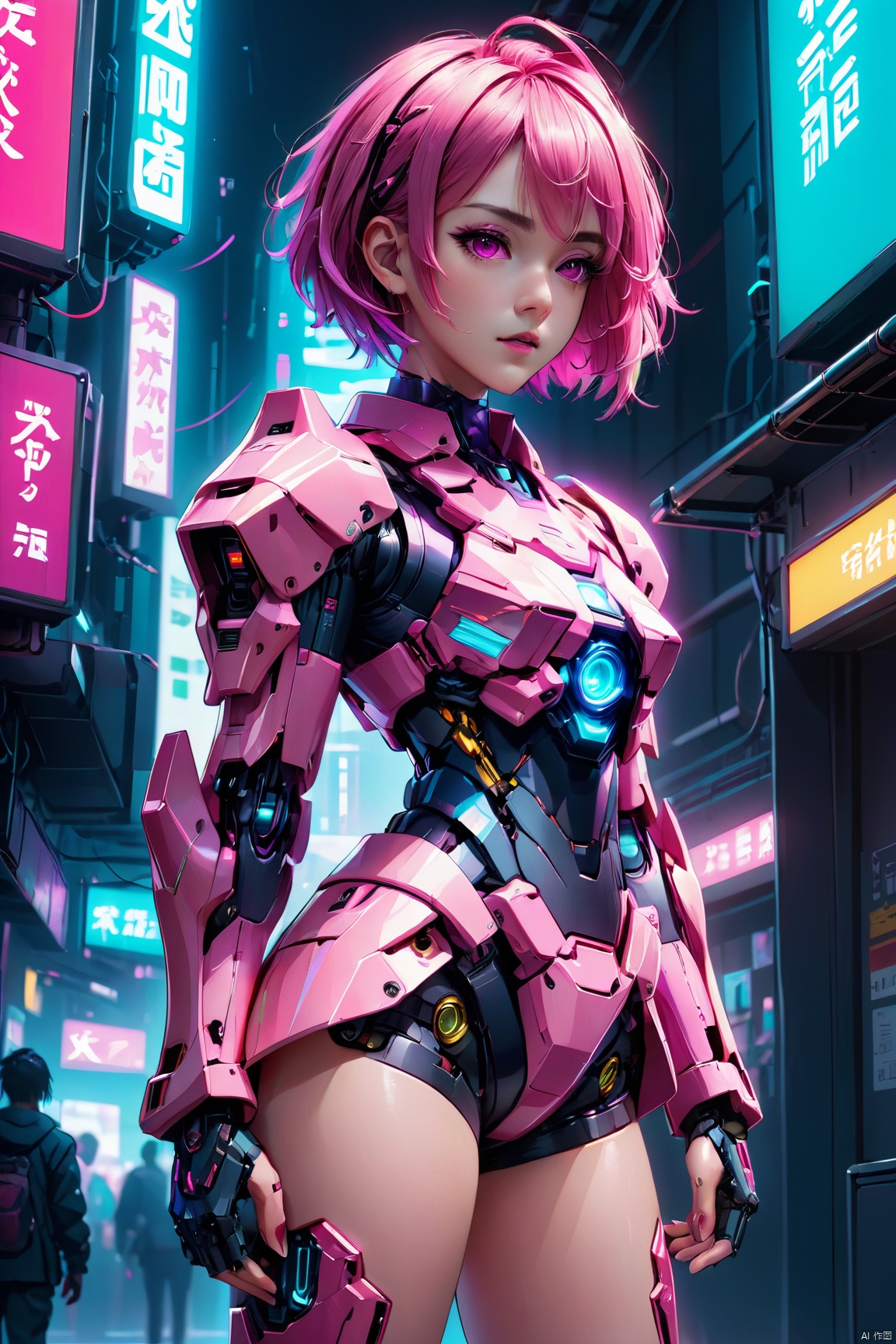 anime artwork of a girl\(cyberpunk,  mecha\),  full body,  Pink parted short hair,  pink eyes,  imperious,  cyberpunk,  dramatic,  key visual,  vibrant,  highly detailed,  holographic, shot from back,<lora:EMS-59656-EMS:0.300000>,<lora:EMS-46488-EMS:0.300000>,<lora:EMS-23104-EMS:0.300000>