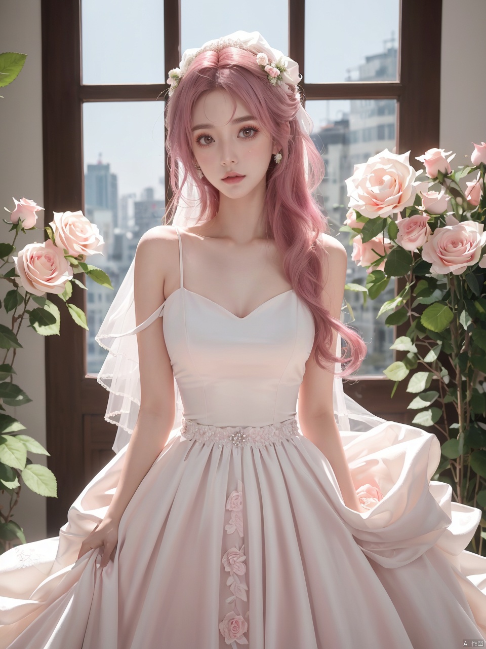  masterpiece,1 girl,22 years old,Look at me,Exquisite makeup,Pink hair.,Long hair,white wedding dress,Wipe the chest,Indoor,Exquisite decoration,Bright light,Stand,In the middle of the picture,Whole body,Plenty of roses,textured skin,super detail,best quality,Future City,FilmGirl,blue and white porcelain,