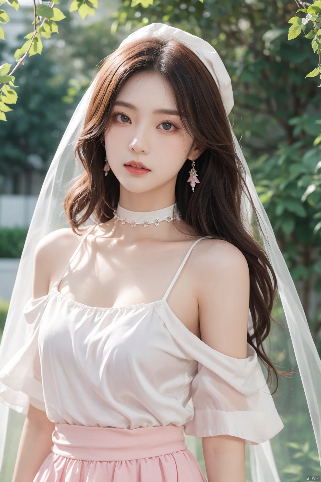  A girl, silk, cocoon, spider web, Solo, Complex Details, Color Differences, Realistic, (Moderate Breath), Off Shoulder, Eightfold Goddess, Pink Long Hair, White Headwear, Hair Above One Eye, Green Eyes, Earrings, Sharp Eyes, Perfect Fit, Choker, Dim Lights, cocoon, transparent, jiBeauty, 1girl, flowers, mtianmei, Look at the camera., flowing skirts, Giant flowers, , pld