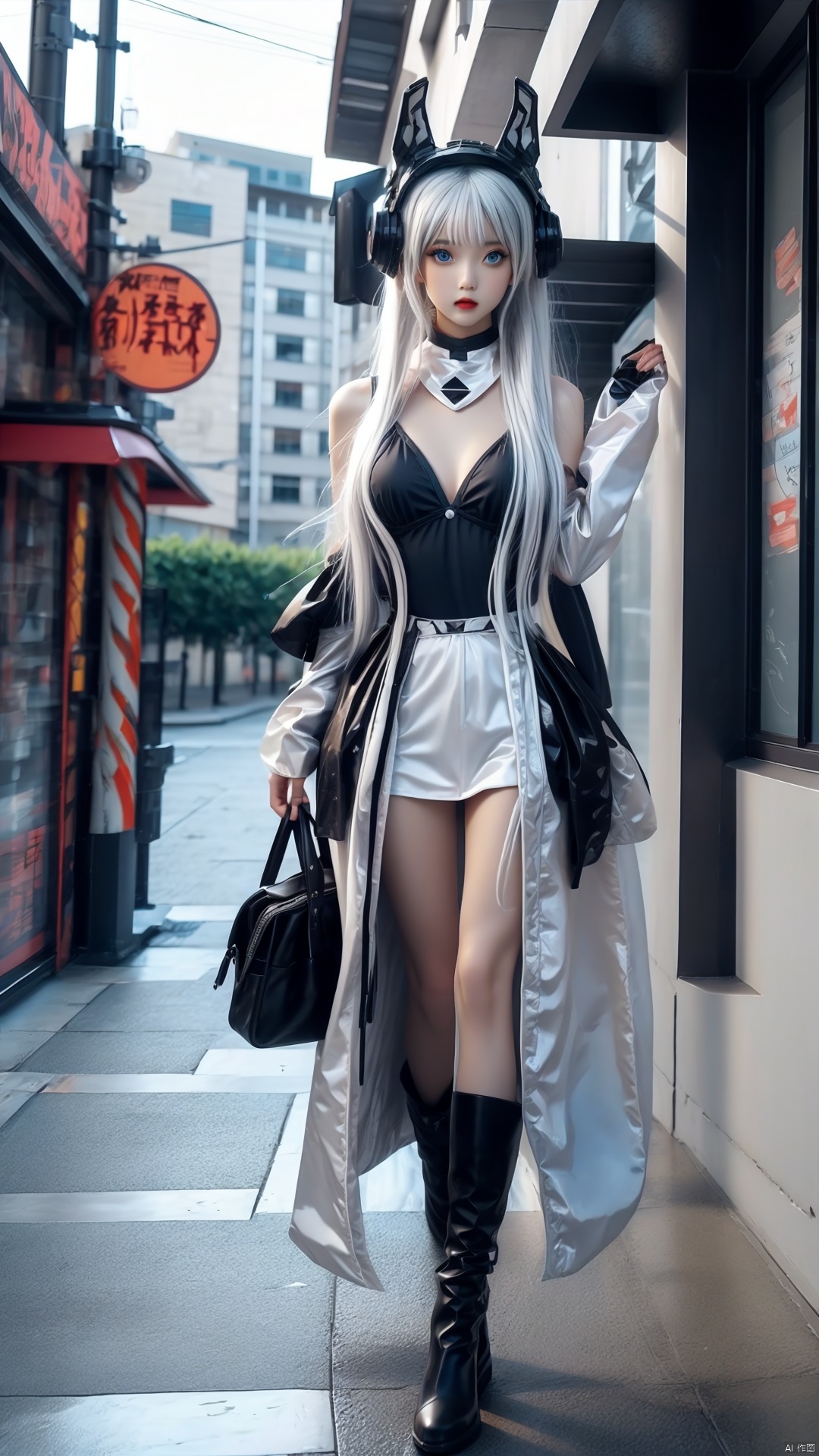  1girl,full body,standing,street,city,building,vivid,colorful,big breasts, tianqiji,blue_eyes