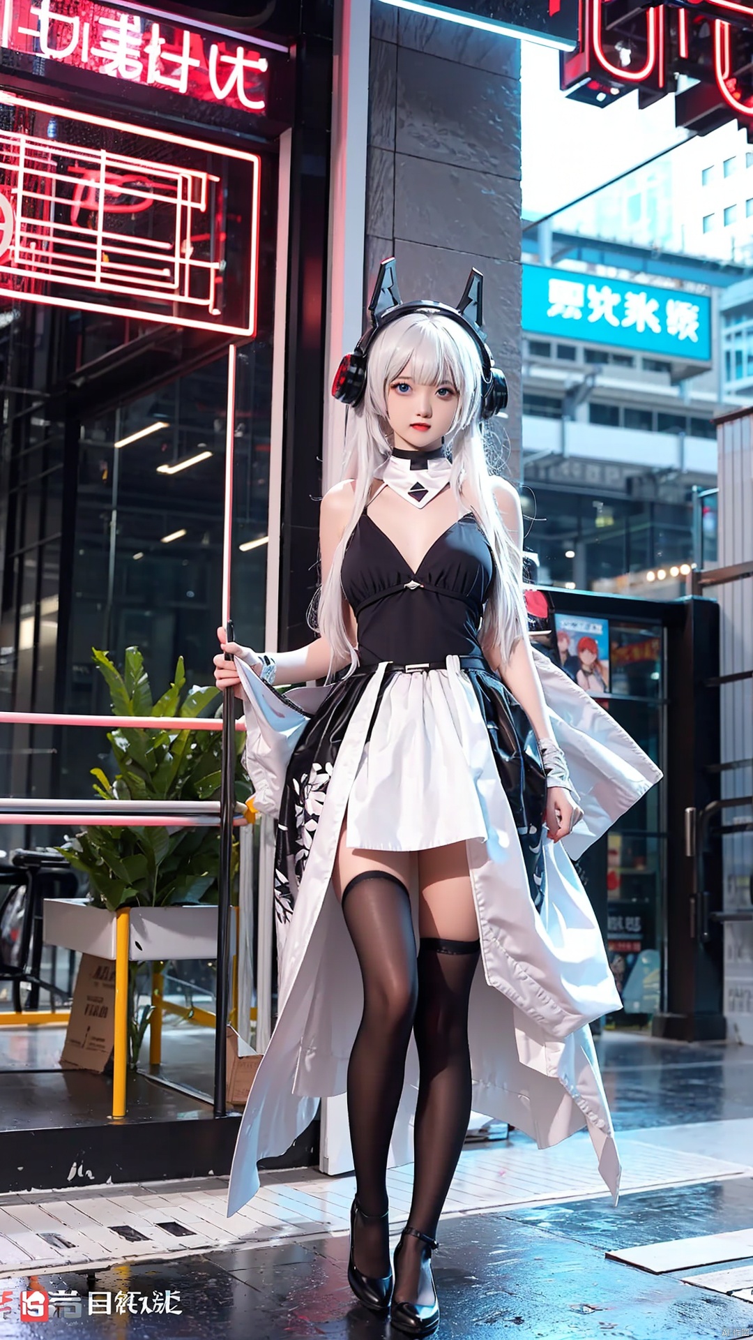  1girl,full body,standing,street,city,building,vivid,colorful,big breasts, tianqiji,blue_eyes
