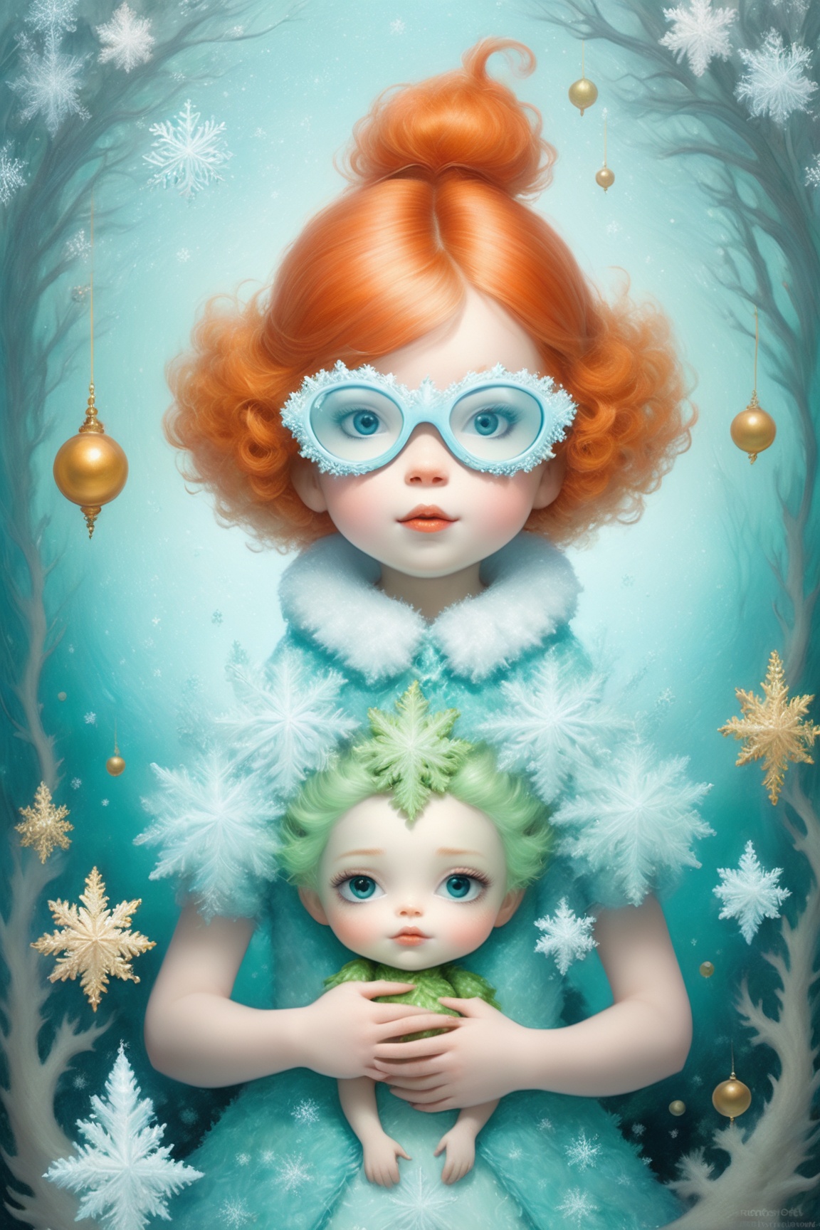 A beautiful and whimsical elusive pop noir surrealism,  orange haired little girl holding a baby Scooby-Doo grinch,  weari...