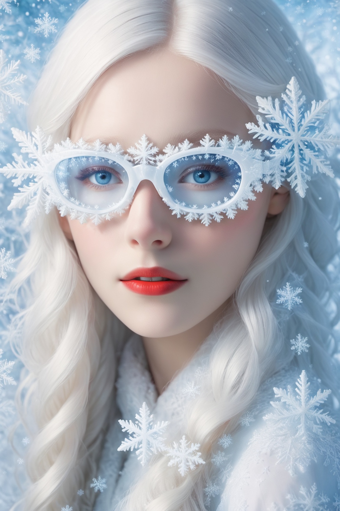 A girl with extremely fair complexion,  almost appearing ghostly,  possesses stunning flowing white hair that cascades dow...