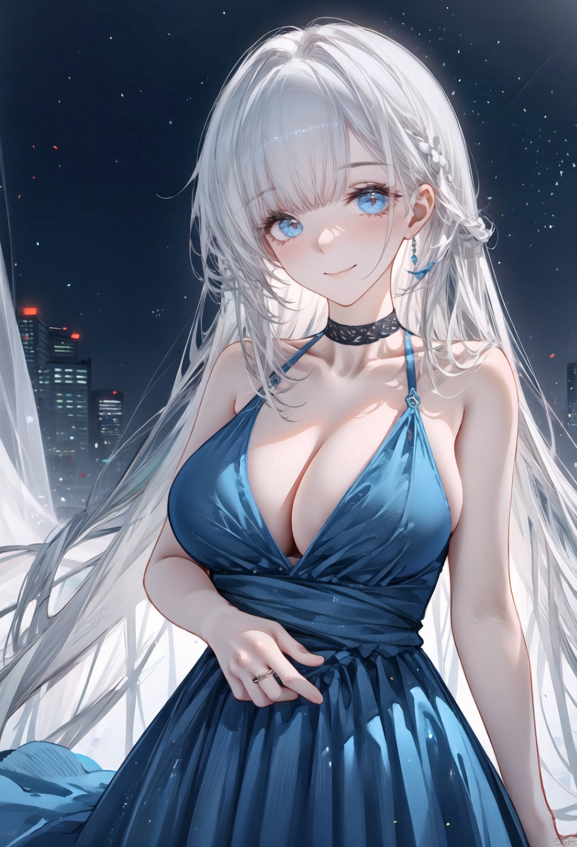  1girl, solo,tender sister.(blue_dress), white hair, bare_shoulders, blush, choker, cleavage, collarbone, halterneck, jewelry, large_breasts, light_particles, long_hair, looking_at_viewer, ring, smile, (evening_gown), cowboy_shot, side_slit, sleeveless_dress, sleeveless, (closed_mouth).