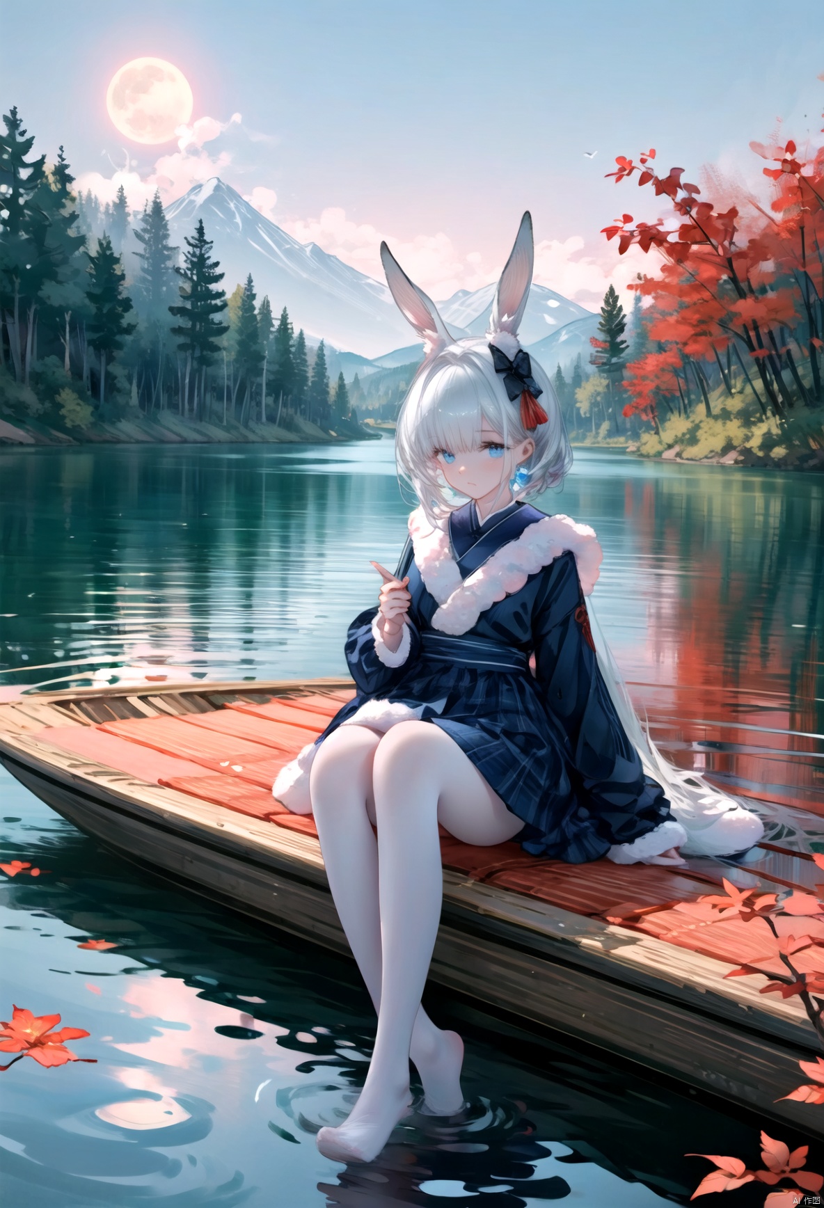 (Best Quality, 8k, 32k, Masterpiece, UHD:1.3), the night, Two rabbits boating on the lake, The background is a bright and bright moon, Blind box, wind, Beautiful, high qulity, cinematic colorgrade, Traditional Chinese elements, National Day Mid-Autumn Festival poster, Blue lake, The breeze ruffled the lake, Ripples spread out