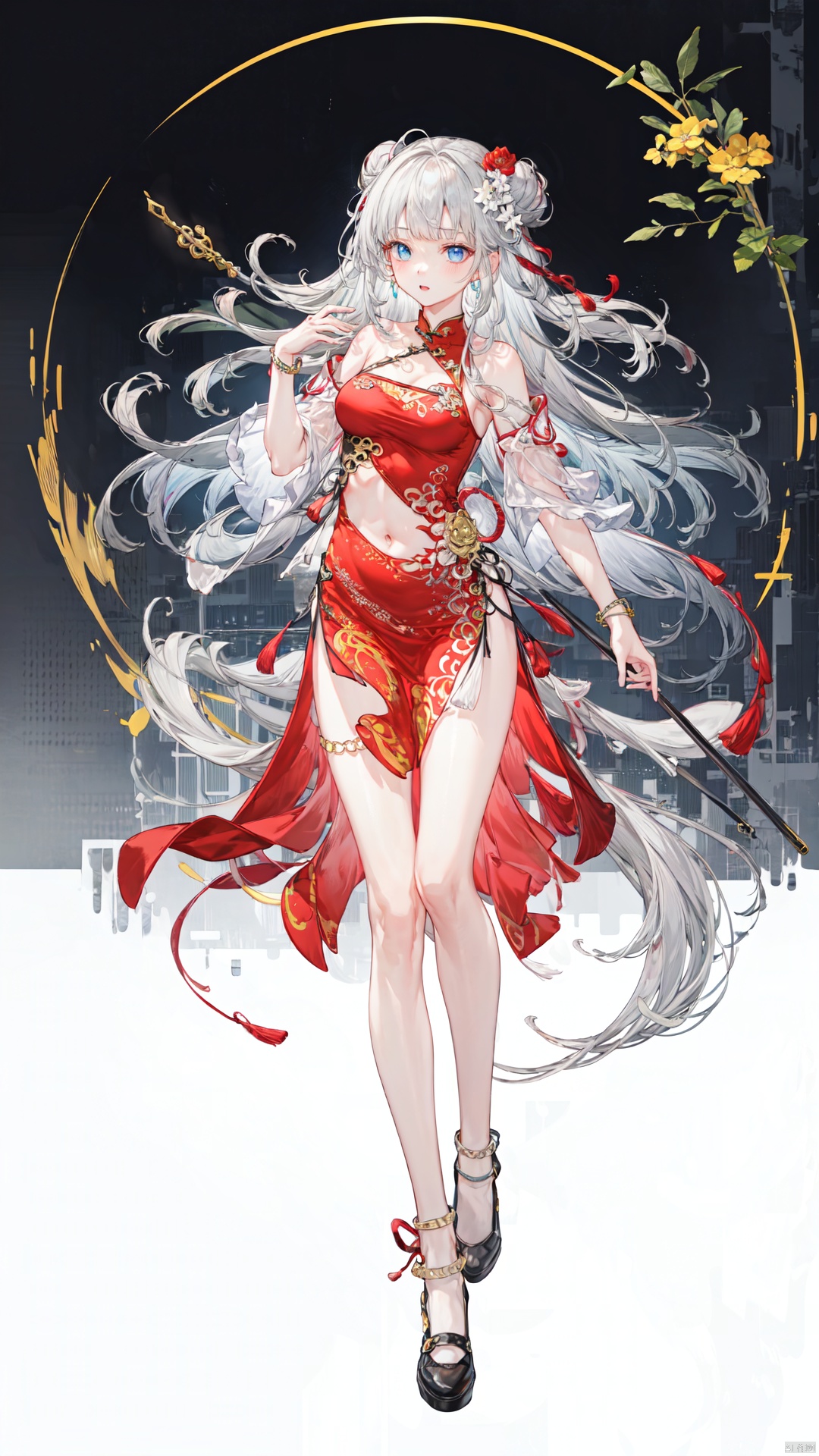 天启,1girl , blue eyes,chinese clothes, china dress, red dress, full body, white background, pelvic curtain, , anklet,, black footwear,, hair ornament, medium breasts, side slit, very long hair,, hair flower, thighlet, double bun, jewelry, halterneck, sleeveless, cleavage