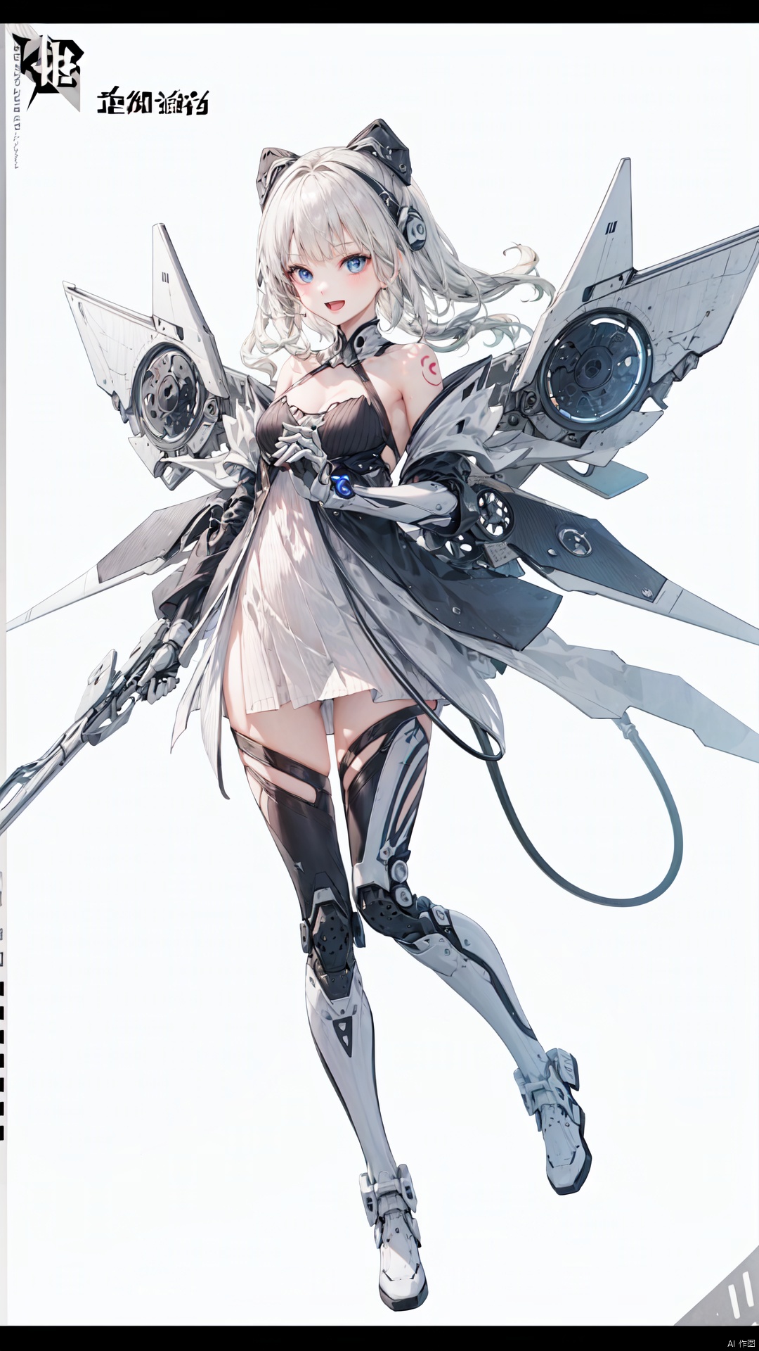 天启姬, 1girl, solo, blue eyes, long hair, mecha musume, white background, dress, open mouth, Shoulder tattoo,smile, white hair, looking at viewer, simple background, full body, white dress, heart hands, breasts, bare shoulders, thighhighs, bangs, boots, heart, mechanical legs, :d, wings, mechanical wings,Science fiction mechanical wings with fans,Yellow logo,天启