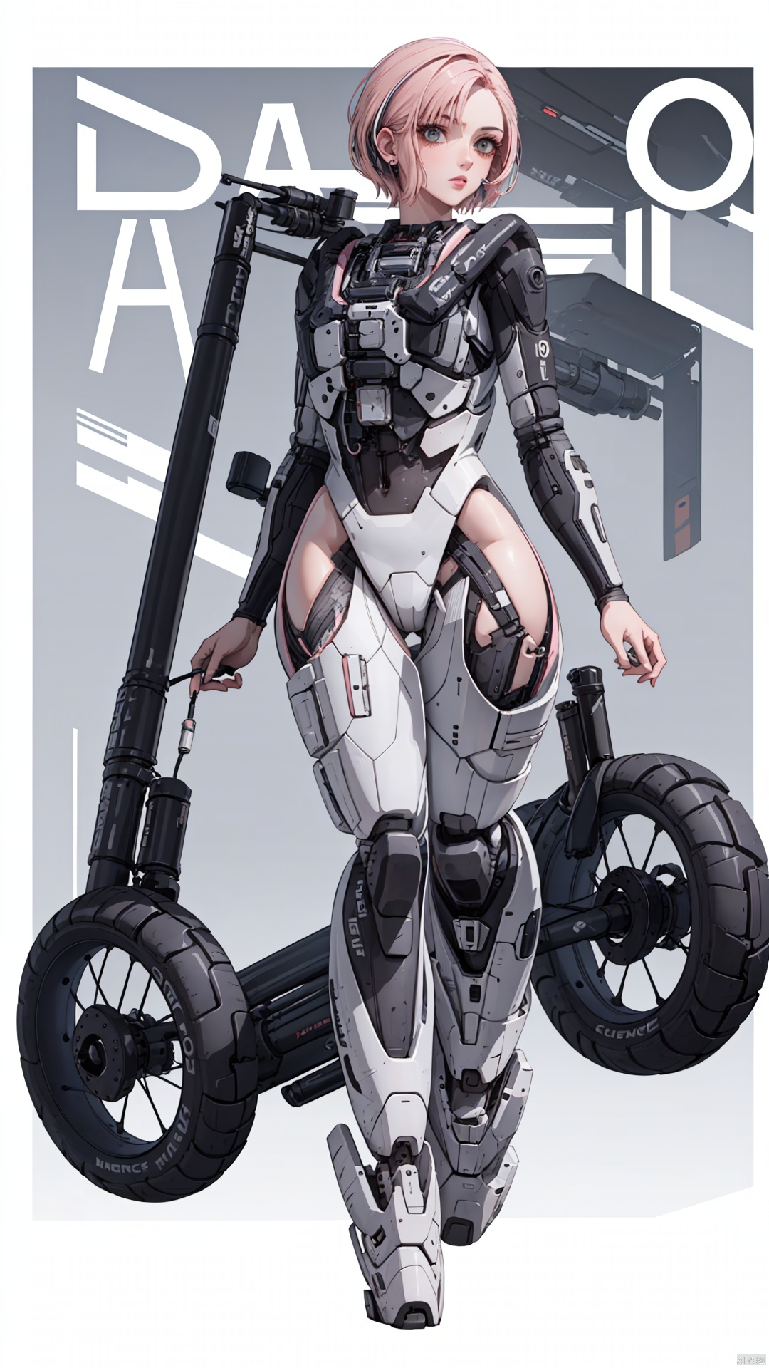 1girl, motor vehicle, ground vehicle, science fiction, solo, motorcycle, pink hair, cyberpunk, short hair, bodysuit, cyborg, lips, armor, nose, white background