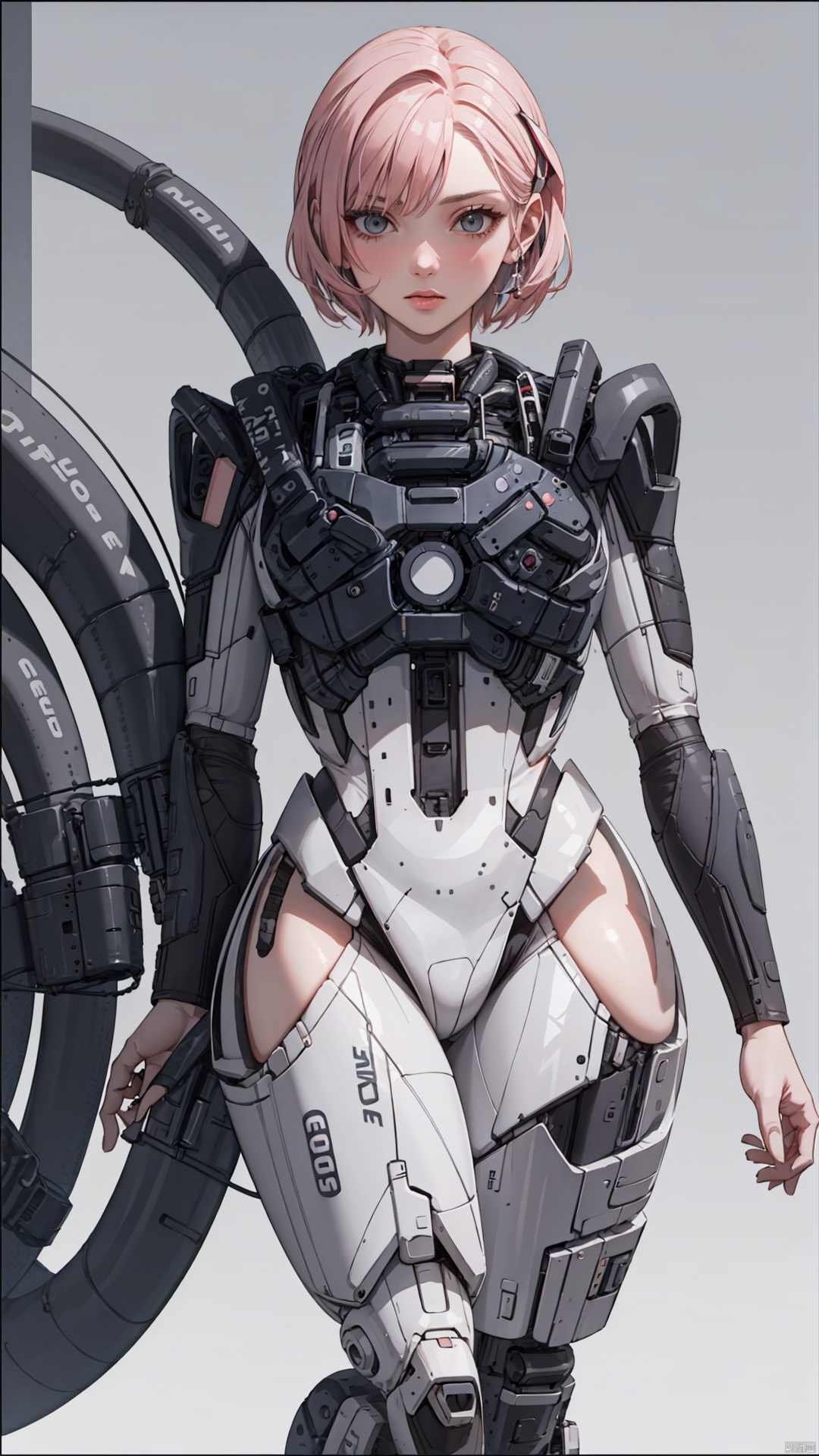 1girl, motor vehicle, ground vehicle, science fiction, solo, motorcycle, pink hair, cyberpunk, short hair, bodysuit, cyborg, lips, armor, nose, white background