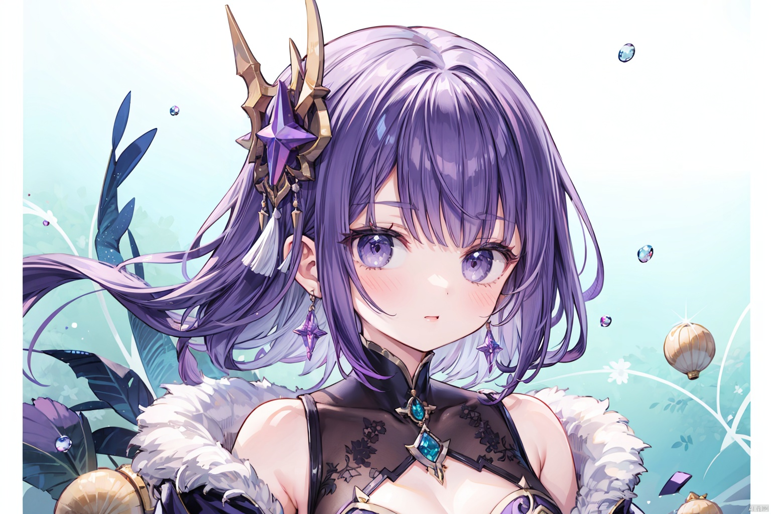 1girl, purple hair,  hair ornament,  mature female,  shell, pearl, looking at viewer,  jewelry, detailed face, medium breasts,<lora:EMS-271754-EMS:0.800000>
