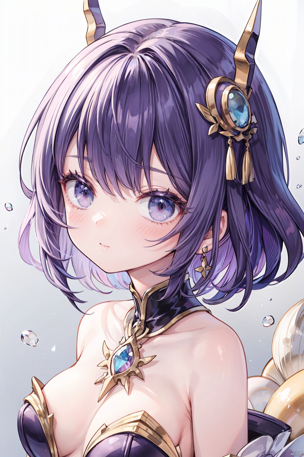 1girl, purple hair,  hair ornament,  mature female,  shell, pearl, looking at viewer,  jewelry, detailed face, medium breasts,<lora:EMS-271754-EMS:0.800000>