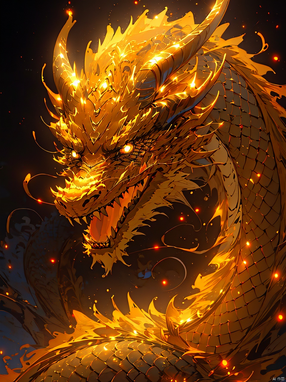 (\long wang ga ma\), eastern dragon, horns, scales, no humans, glowing, solo, open mouth, dragon horns, yellow eyes, glowing eyes, fangs, (\long wang ga ma\)