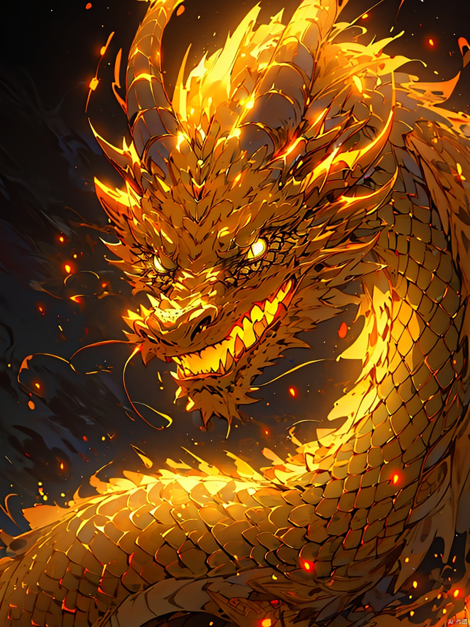 (\long wang ga ma\), eastern dragon, horns, scales, no humans, glowing, solo, open mouth, dragon horns, yellow eyes, glowing eyes, fangs, (\long wang ga ma\)