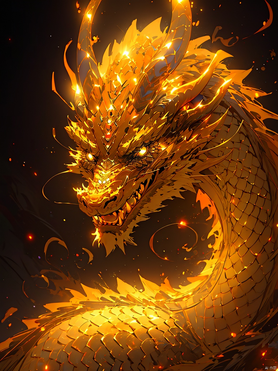 (\long wang ga ma\), eastern dragon, horns, scales, no humans, glowing, solo, open mouth, dragon horns, yellow eyes, glowing eyes, fangs, (\long wang ga ma\)