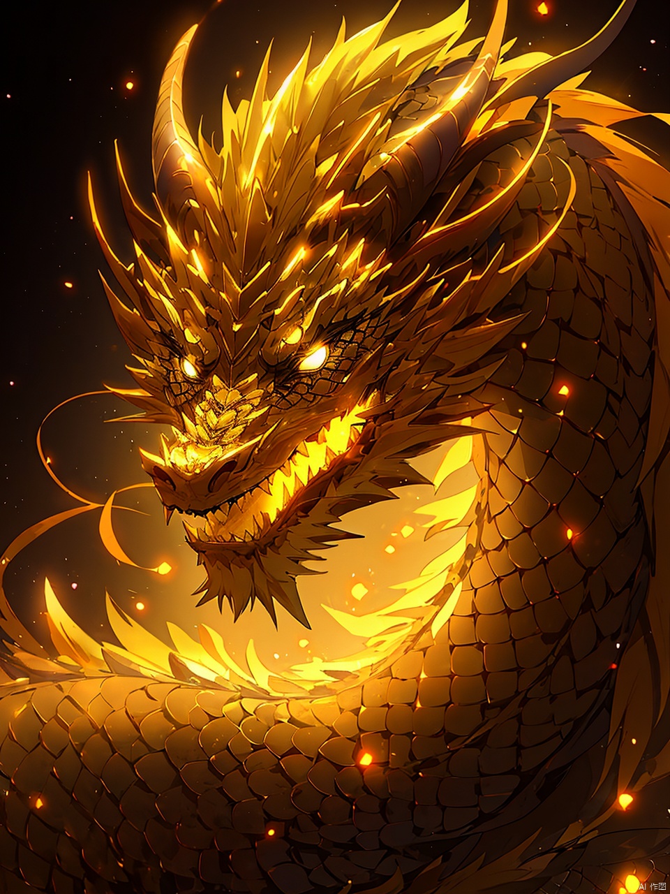eastern dragon, horns, scales, no humans, glowing, solo, open mouth, dragon horns, yellow eyes, glowing eyes, fangs, (\long wang ga ma\)