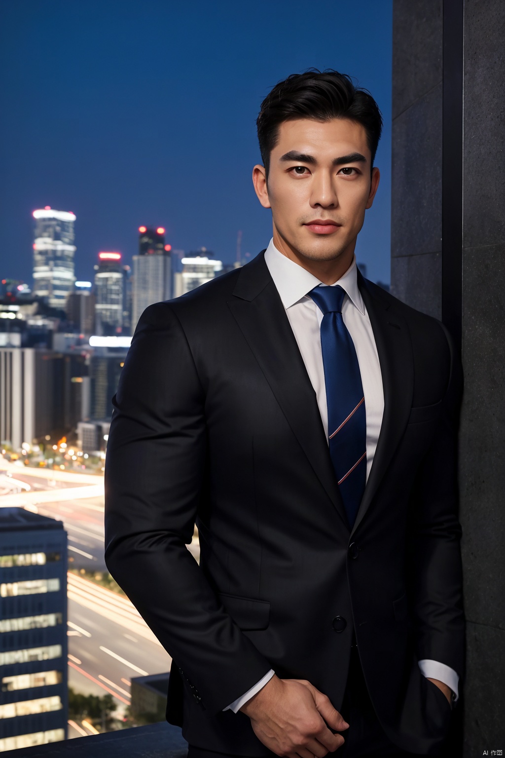 (absurdres, highres, ultra detailed, realistic, ), 1 male, solo, *****, mature, tall muscular guy, broad shoulders, handsome, very short hair, black hair, brown eyes, angular jaw, thick neck, thick eyebrows, night, dark, the night view of the city background, formal suit, necktie, upper body