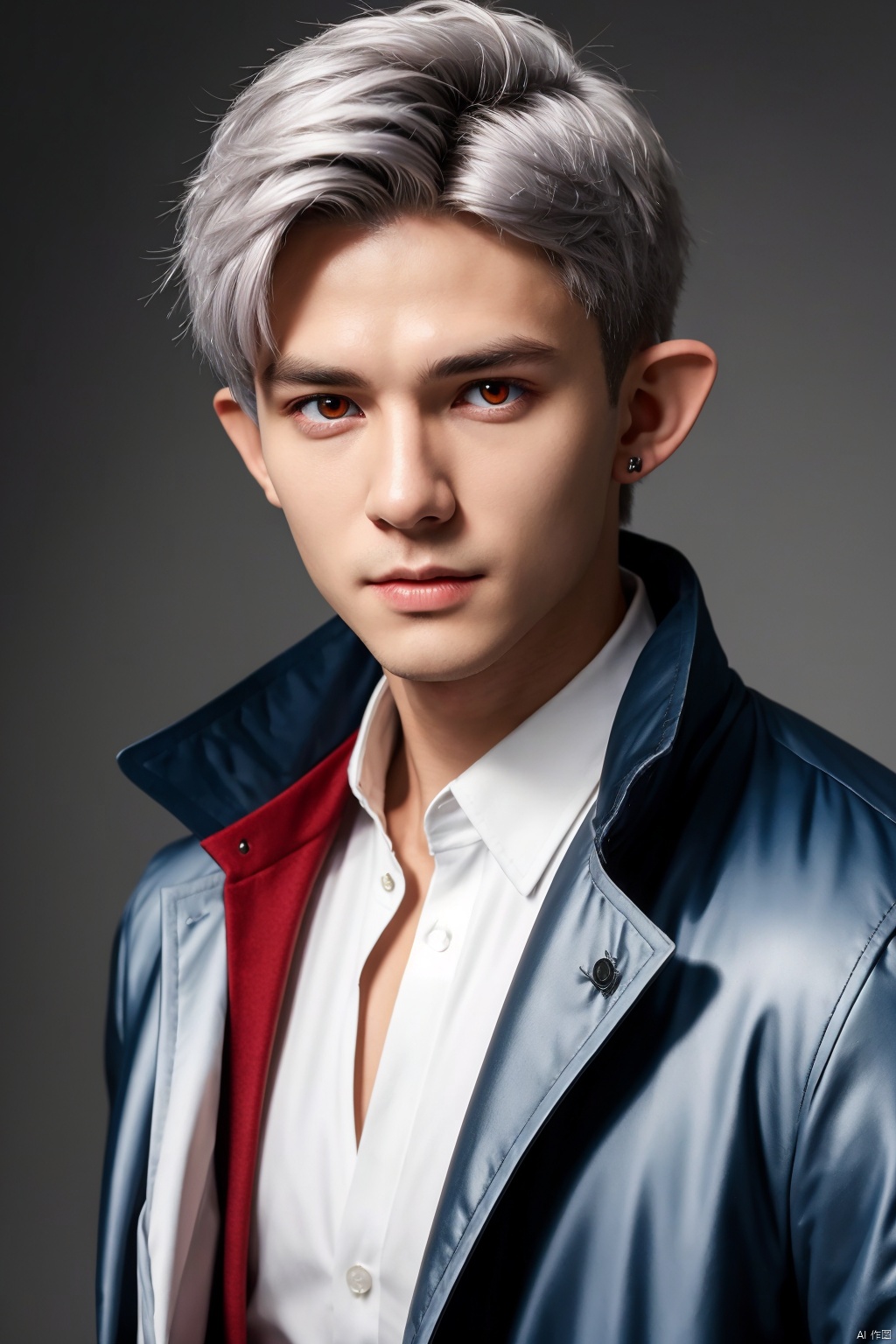  masterpiece,best quality,high quality,1boy,solo,male focus,looking at viewer,upper body,mihai_florescu,red eyes,silver hair,hair between eyes,pointy ears,coat,