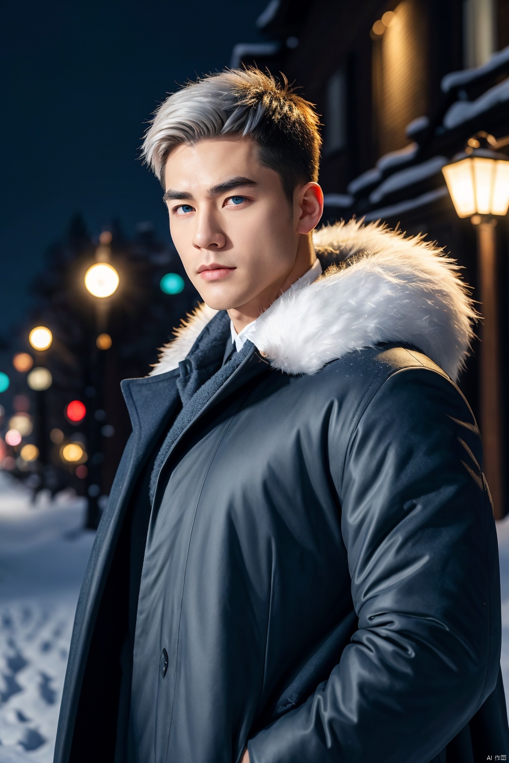 (absurdres, highres, ultra detailed, realistic, ),1 male,solo,*****,mature,tall muscular guy,broad shoulders,handsome,(very short hair:1.3),(white hair),blue eyes,angular jaw,thick neck,thick eyebrows,closed mouth,fur coat,uniform,black cloak,winter night,snowy night,dark,extreme cold,fantasy,swirling wind,