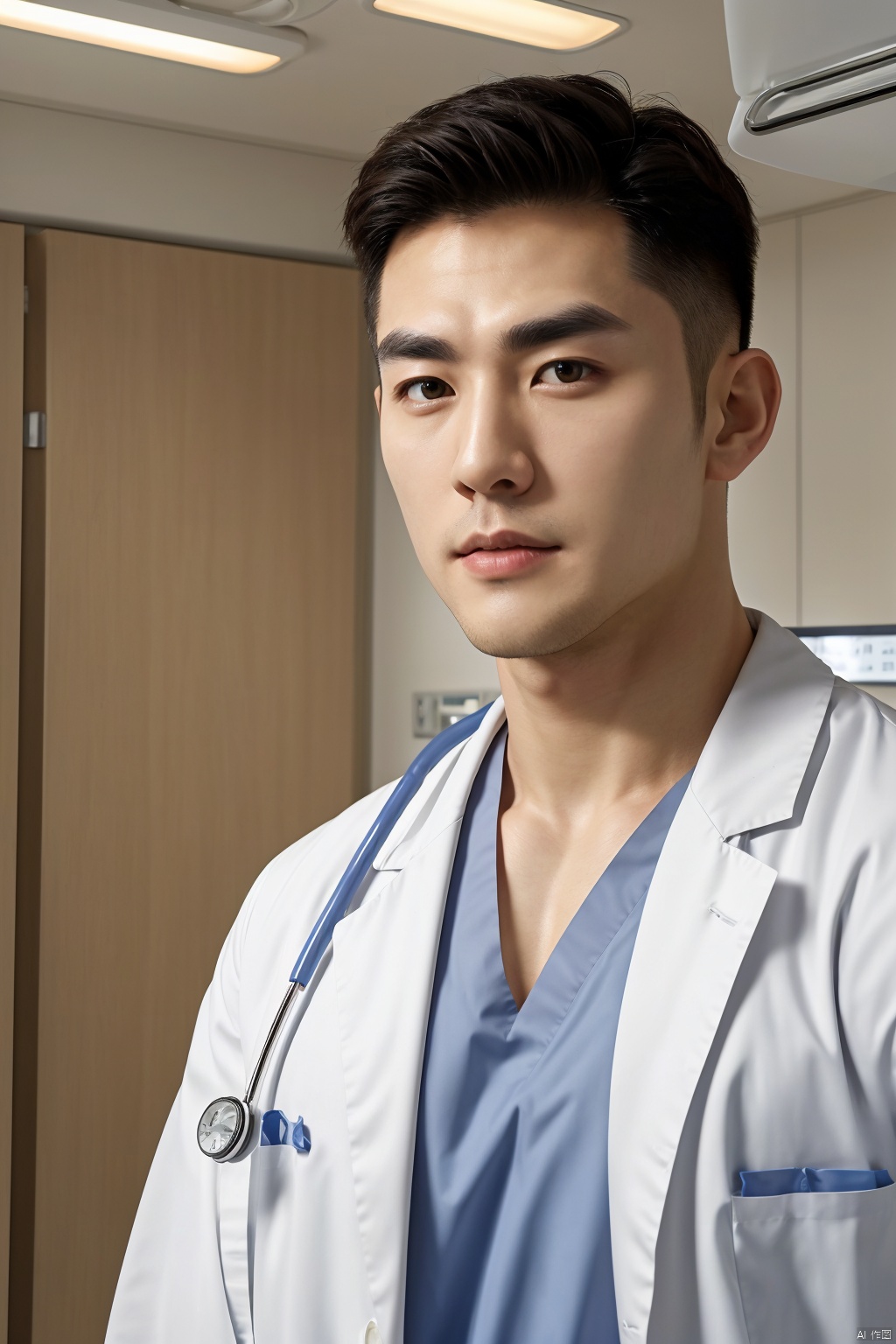 (absurdres, highres, ultra detailed, realistic, ), 1 male, solo, *****, mature, tall muscular guy, broad shoulders, handsome, very short hair, black hair, brown eyes, angular jaw, thick neck, thick eyebrows, hospital room, Doctor, white gown, white coat, upper body