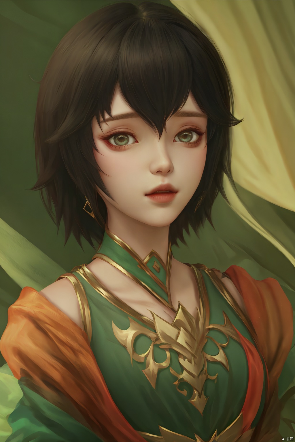 1girl,hanfu,mask,lips,undercut,hime cut,short hair
